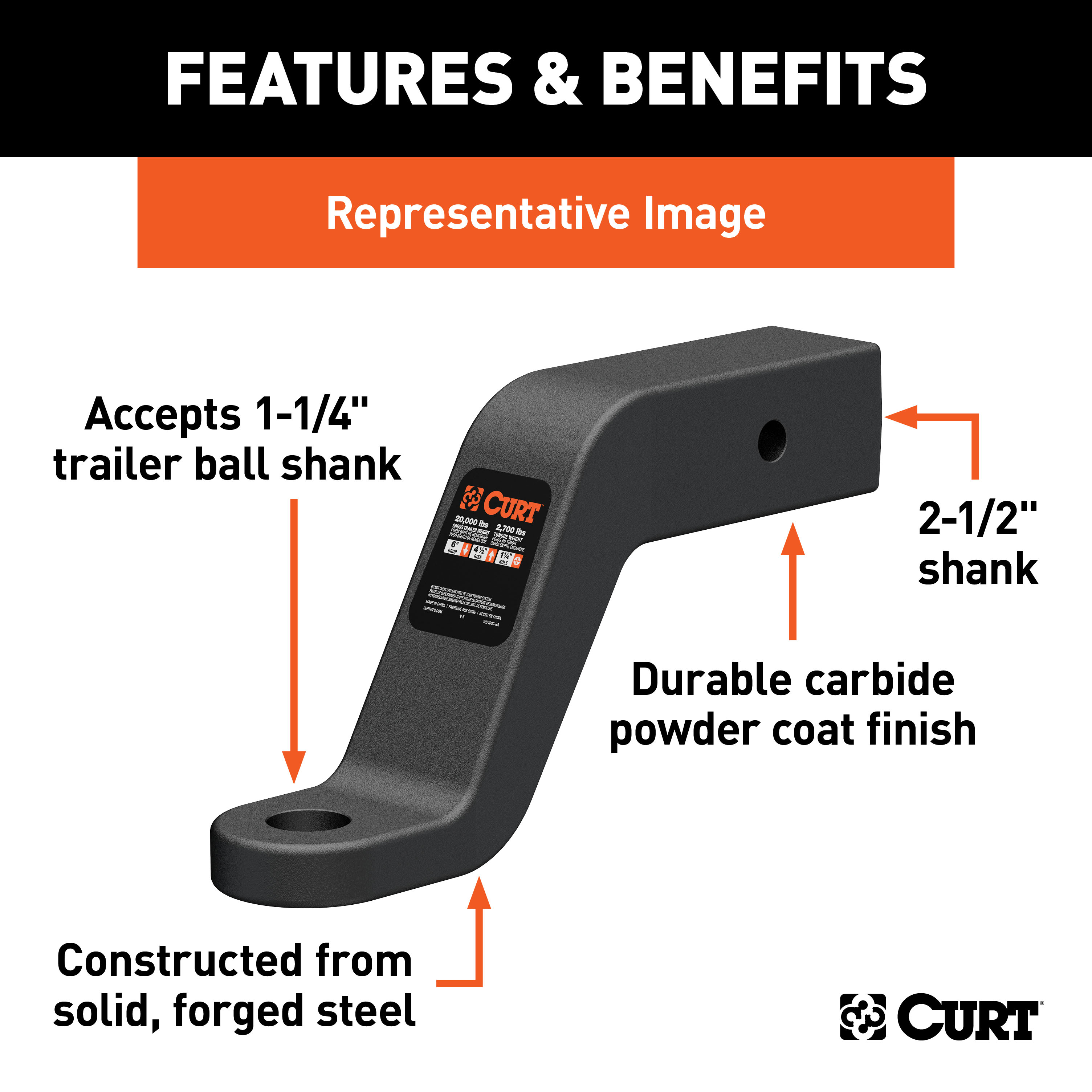 CURT Commercial Duty Forged Ball Mount (2-1/2" Shank, 20,000 lbss., 4" Drop) Trailer Hitch Ball Mount thumbnail 3