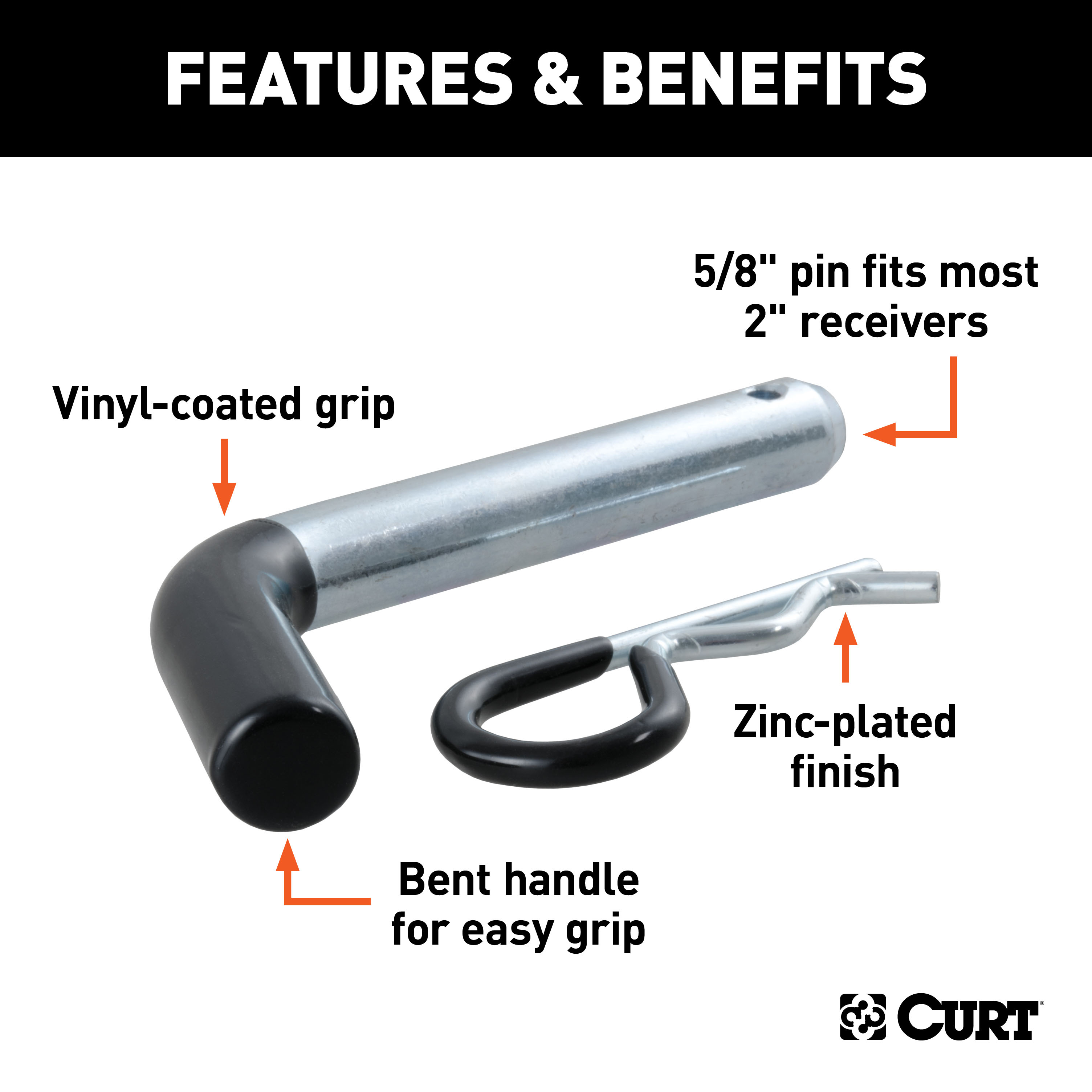 CURT 5/8" Hitch Pin (2" Receiver, Zinc with Rubber Grip, Packaged) Trailer Hitch Pin thumbnail 3