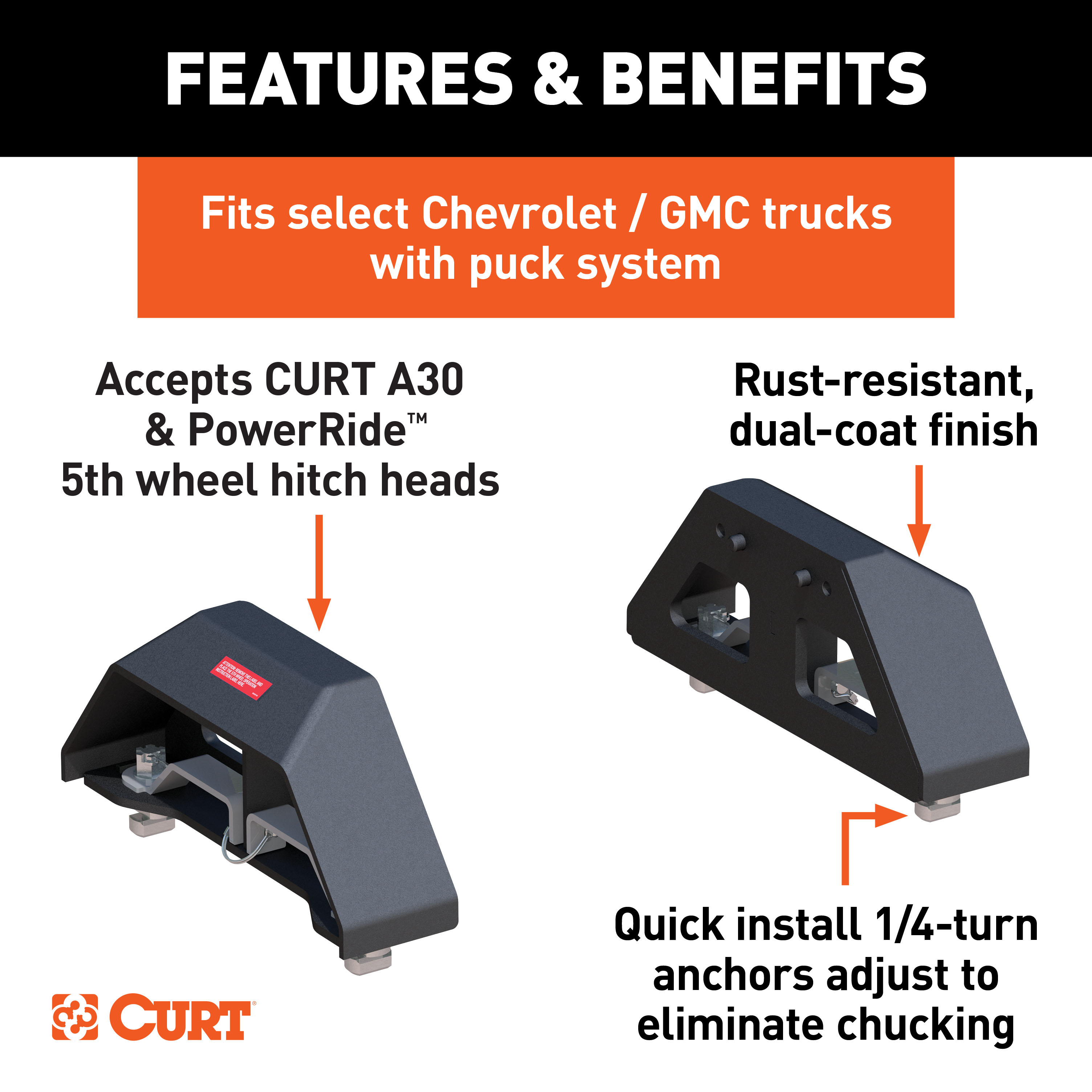 CURT Puck 5th Wheel Legs, Select Silverado, Sierra HD, 8' Bed, 30K, Carbide Black Fifth Wheel Trailer Hitch Mount Leg thumbnail 1