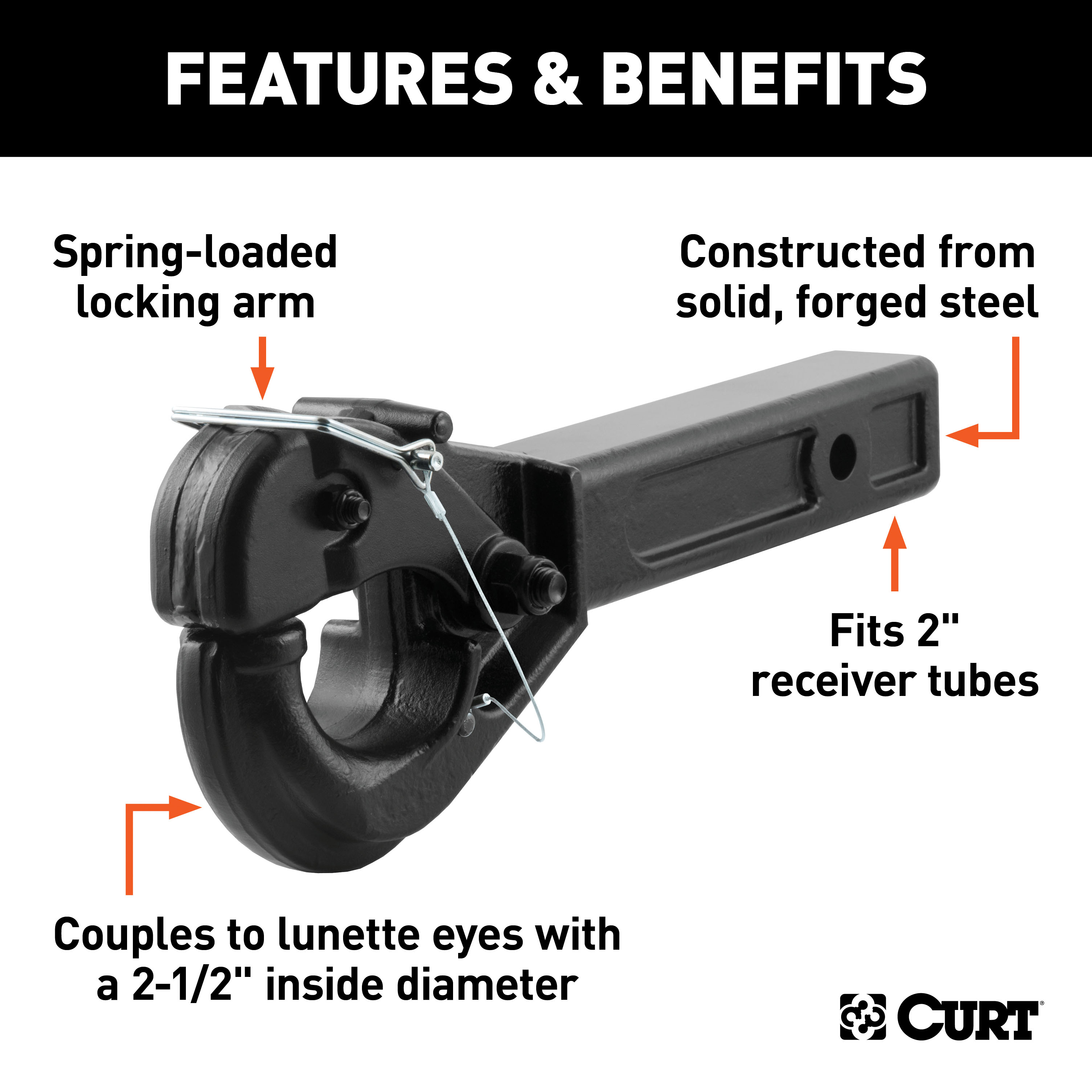 CURT Receiver-Mount Pintle Hook (2" Shank, 20,000 lbs., 2-1/2" Lunette Rings) Trailer Hitch Pintle Hook Mount thumbnail 1