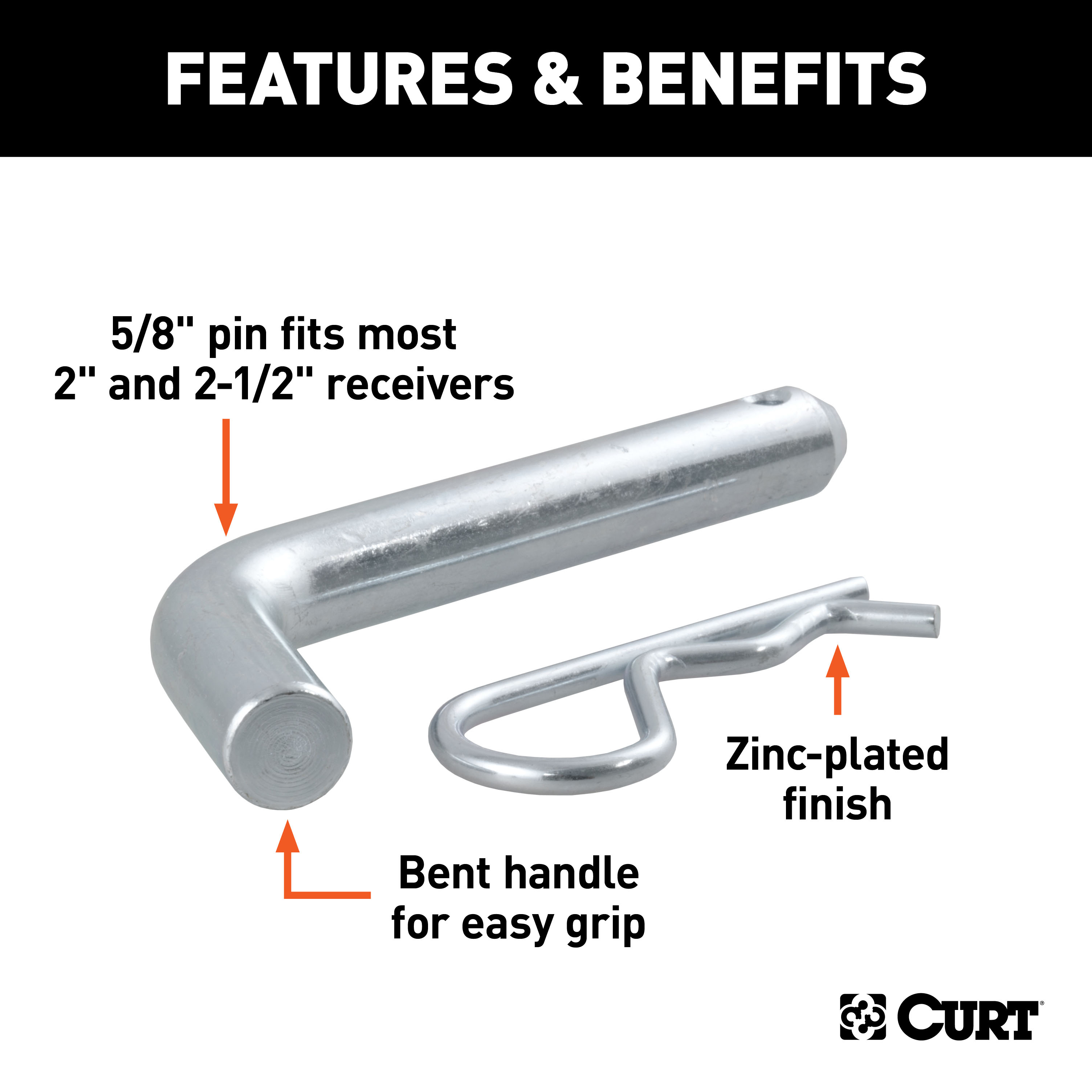 CURT 5/8" Hitch Pin (2" or 2-1/2" Receiver, Zinc) Trailer Hitch Pin thumbnail 1