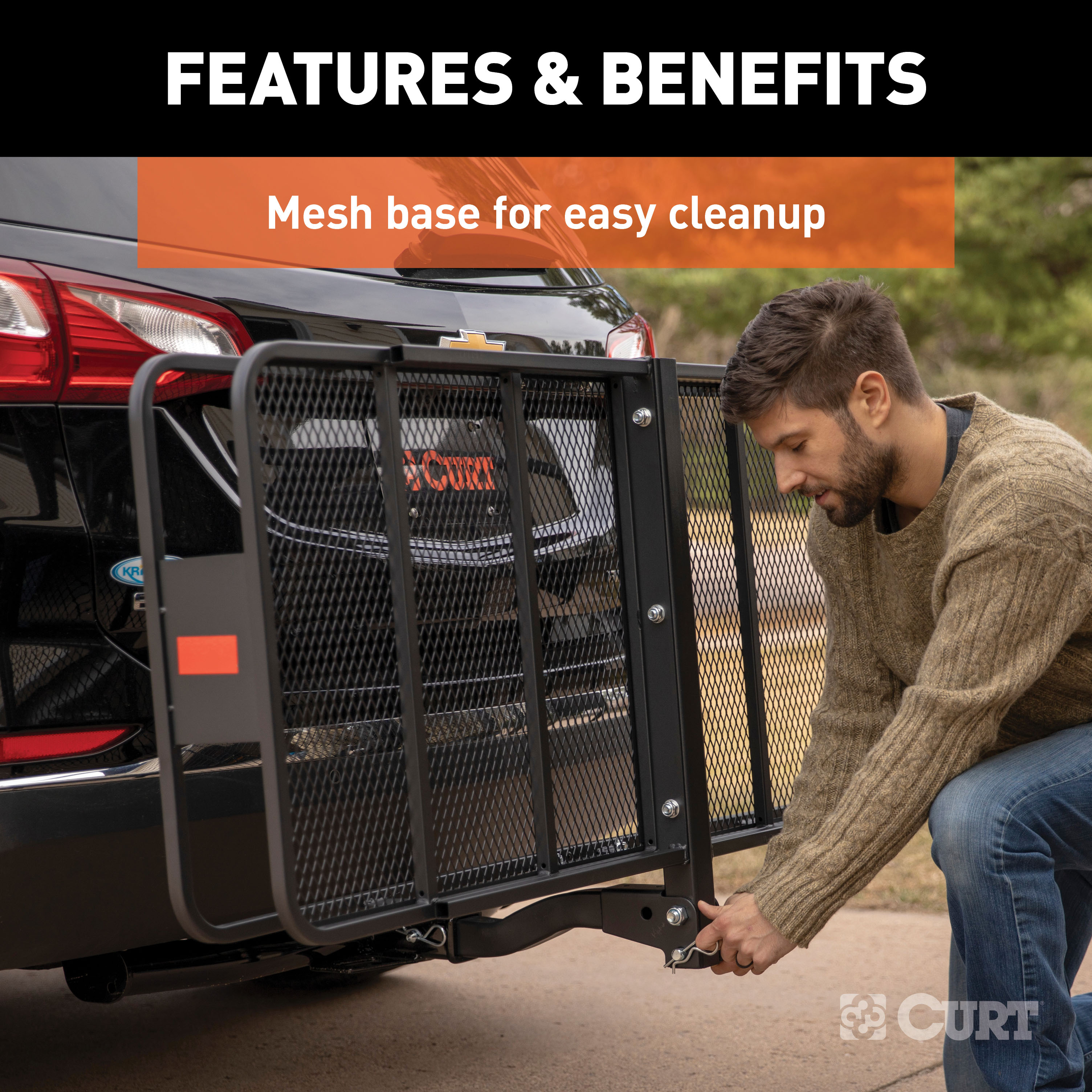 CURT 60" x 24" Black Steel Basket Cargo Carrier (Folding 2" Shank, 500 lbs.) Receiver Hitch Mounted Cargo Carrier thumbnail 8