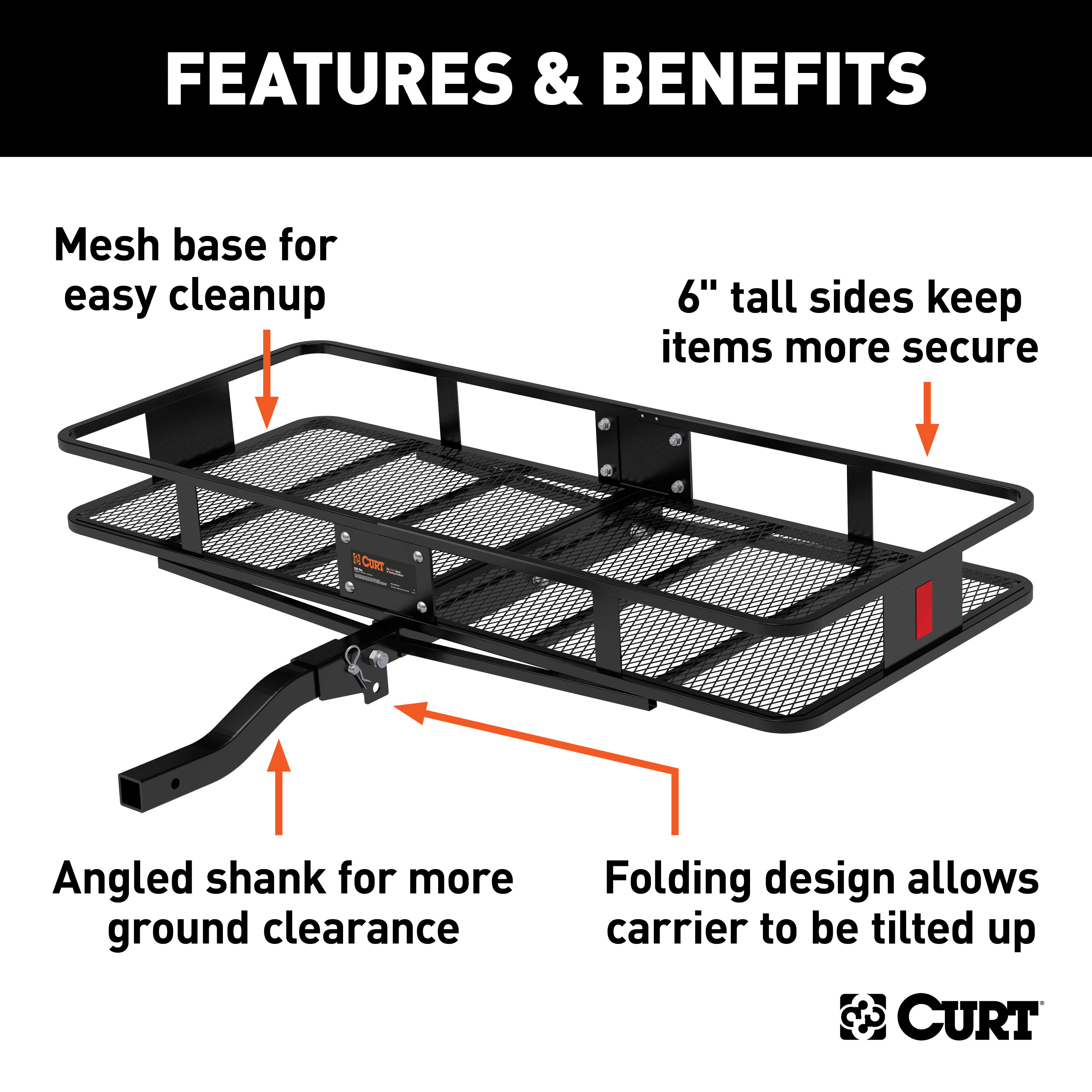 CURT 60" x 24" Black Steel Basket Cargo Carrier (Folding 2" Shank, 500 lbs.) Receiver Hitch Mounted Cargo Carrier thumbnail 2