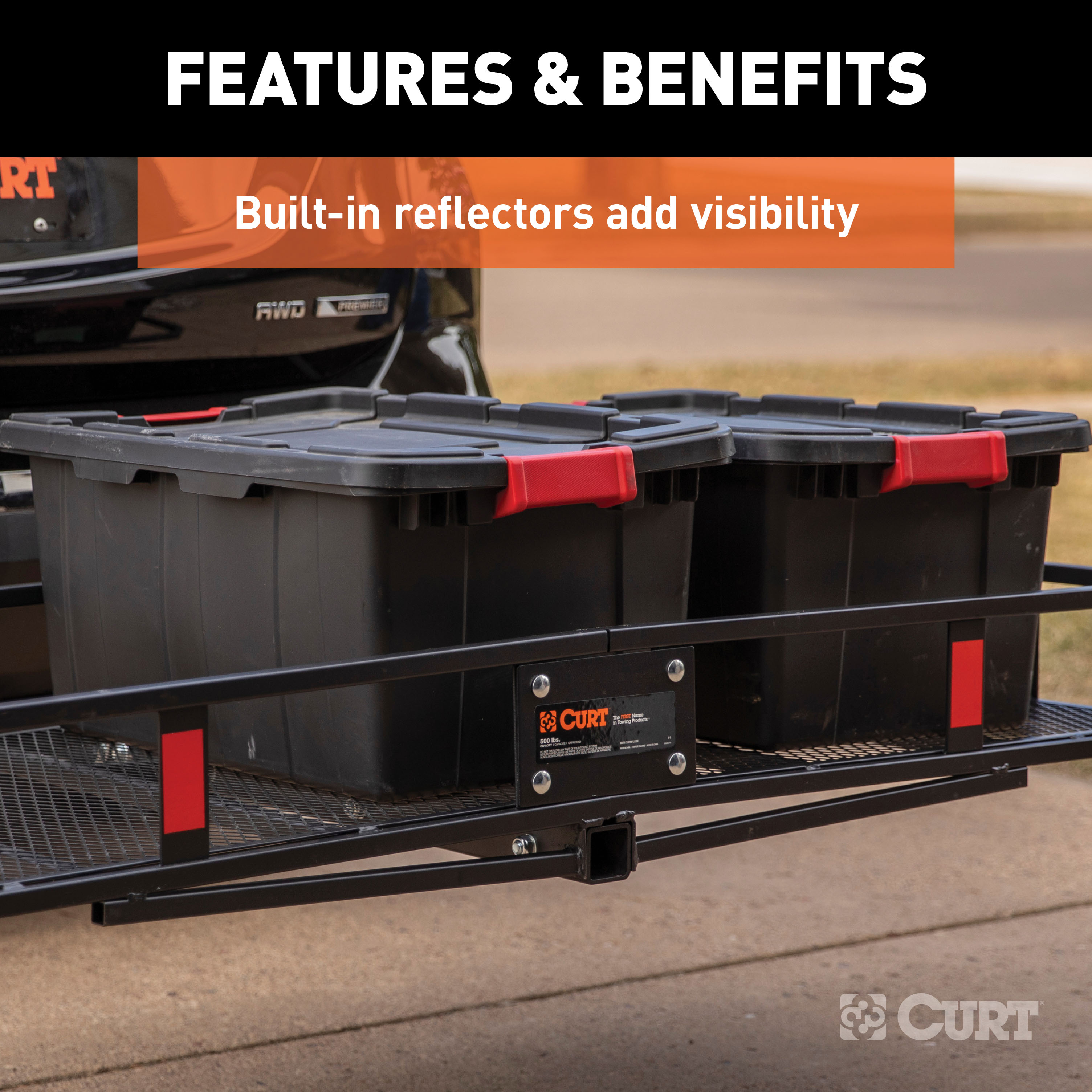 CURT 60" x 24" Black Steel Basket Cargo Carrier (Folding 2" Shank, 500 lbs.) Receiver Hitch Mounted Cargo Carrier thumbnail 7