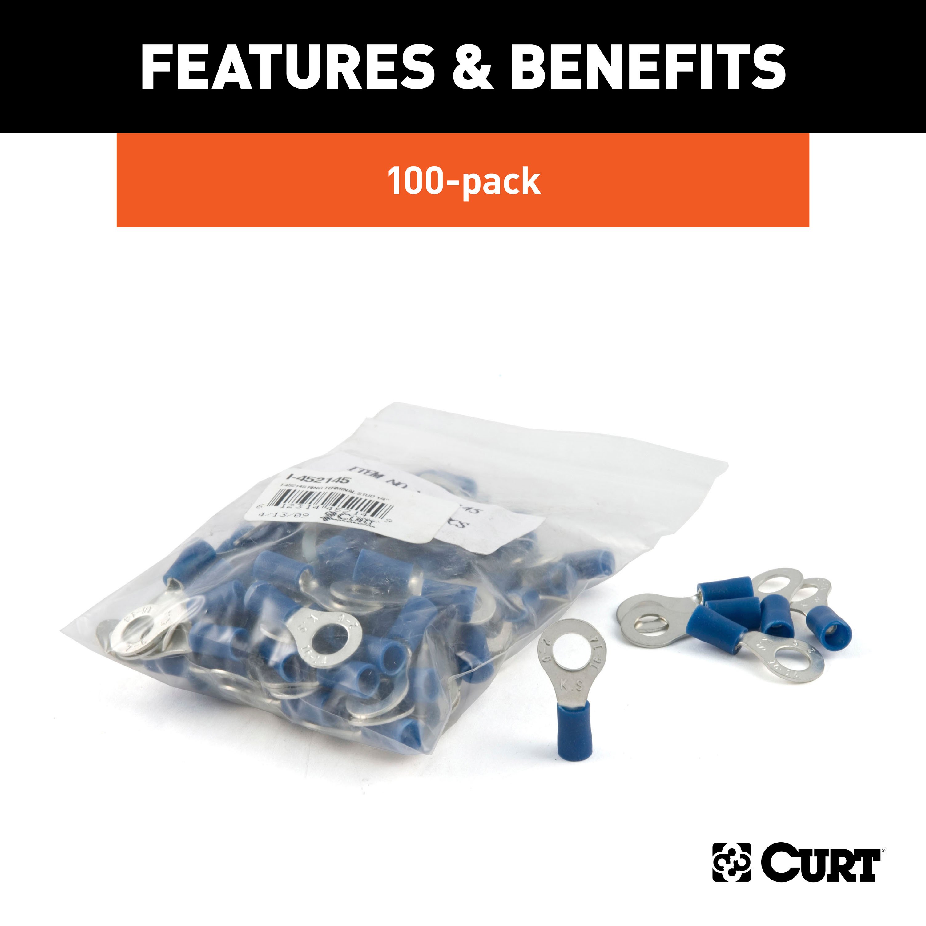 CURT 59522 16-14 Gauge Blue Vinyl-Insulated Ring Terminal Wire Connectors, 1/4-Inch Stud, 100-Pack thumbnail 2