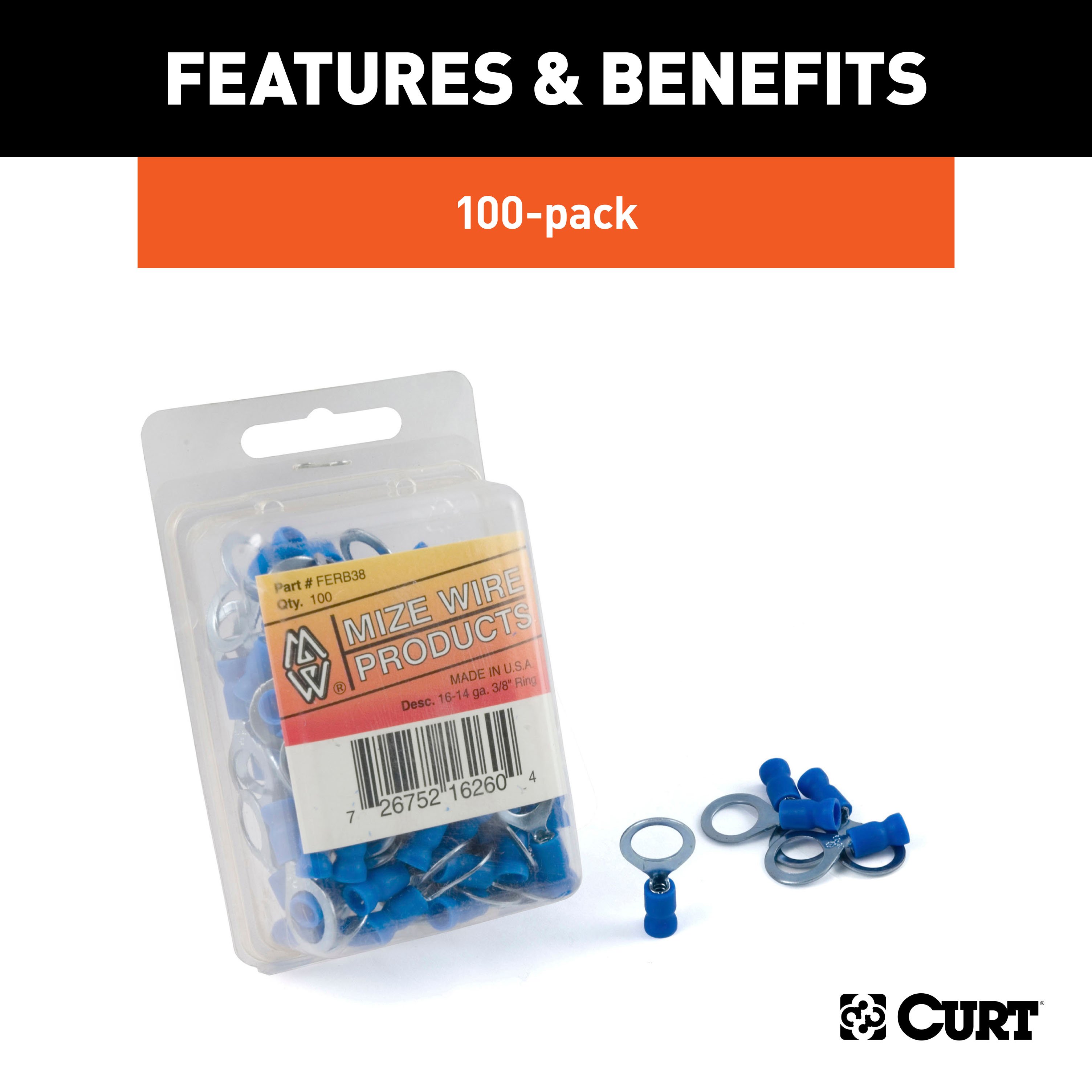 CURT 59523 16-14 Gauge Blue Vinyl-Insulated Ring Terminal Wire Connectors, 3/8-Inch Stud, 100-Pack thumbnail 2