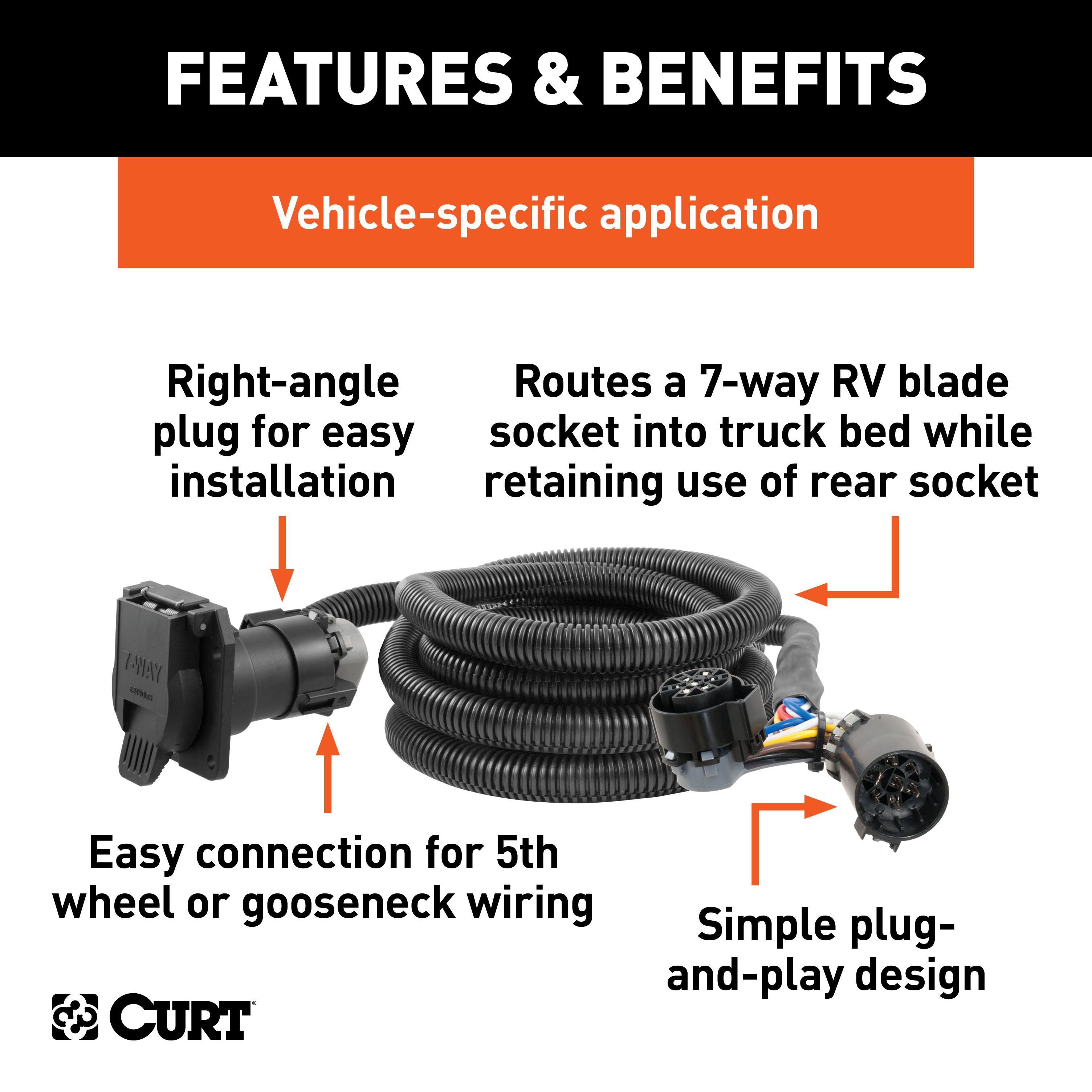 CURT 10' Custom Wiring Extension Harness (Adds 7-Way RV Blade to Truck Bed) Trailer Connector Kit thumbnail 1