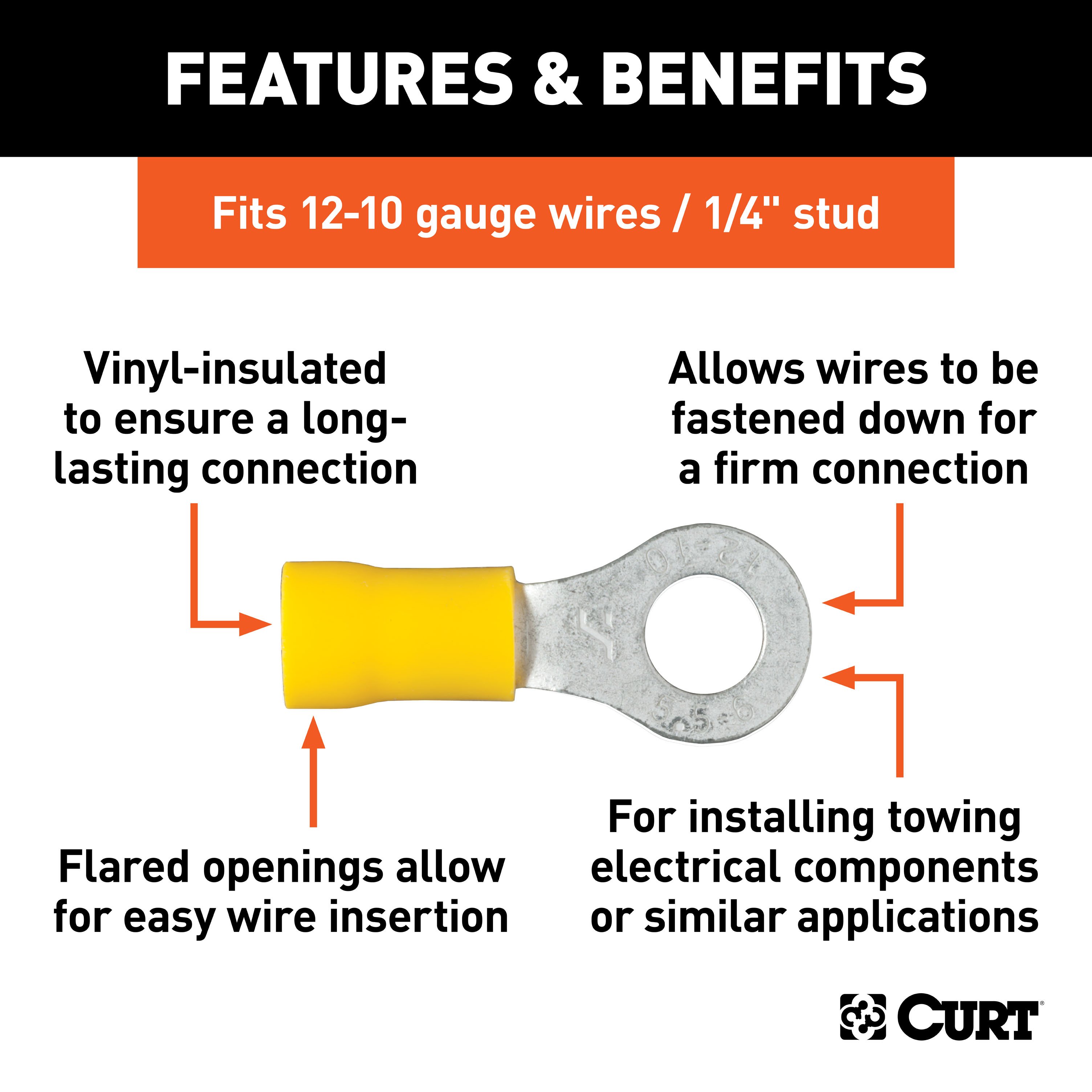 CURT 59534 12-10 Gauge Yellow Vinyl-Insulated Ring Terminal Wire Connectors, 1/4-Inch Stud, 100-Pack thumbnail 1