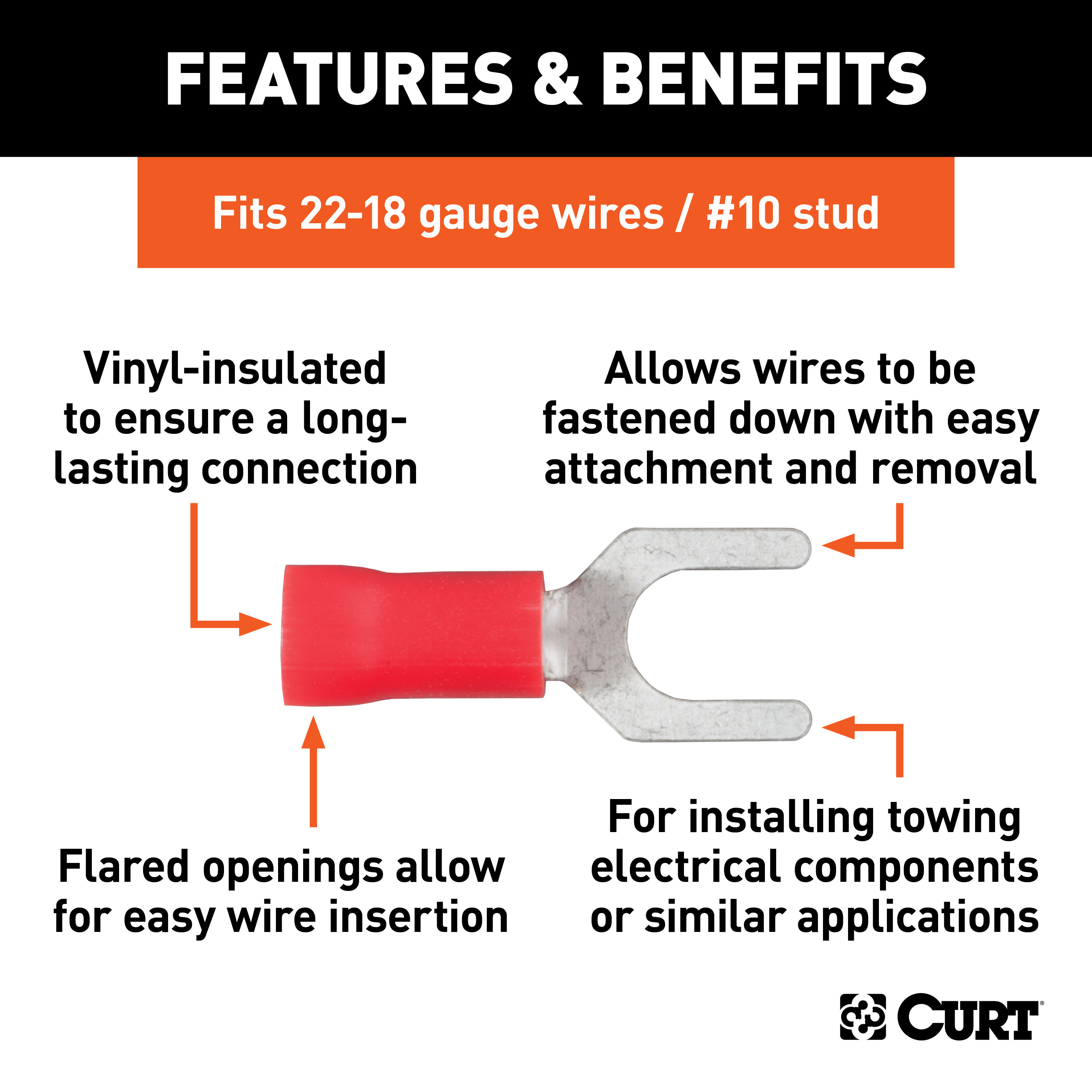 CURT 59611 22-18 Gauge Red Vinyl-Insulated Spade Terminal Connectors, #10 Stud, 100-Pack thumbnail 1