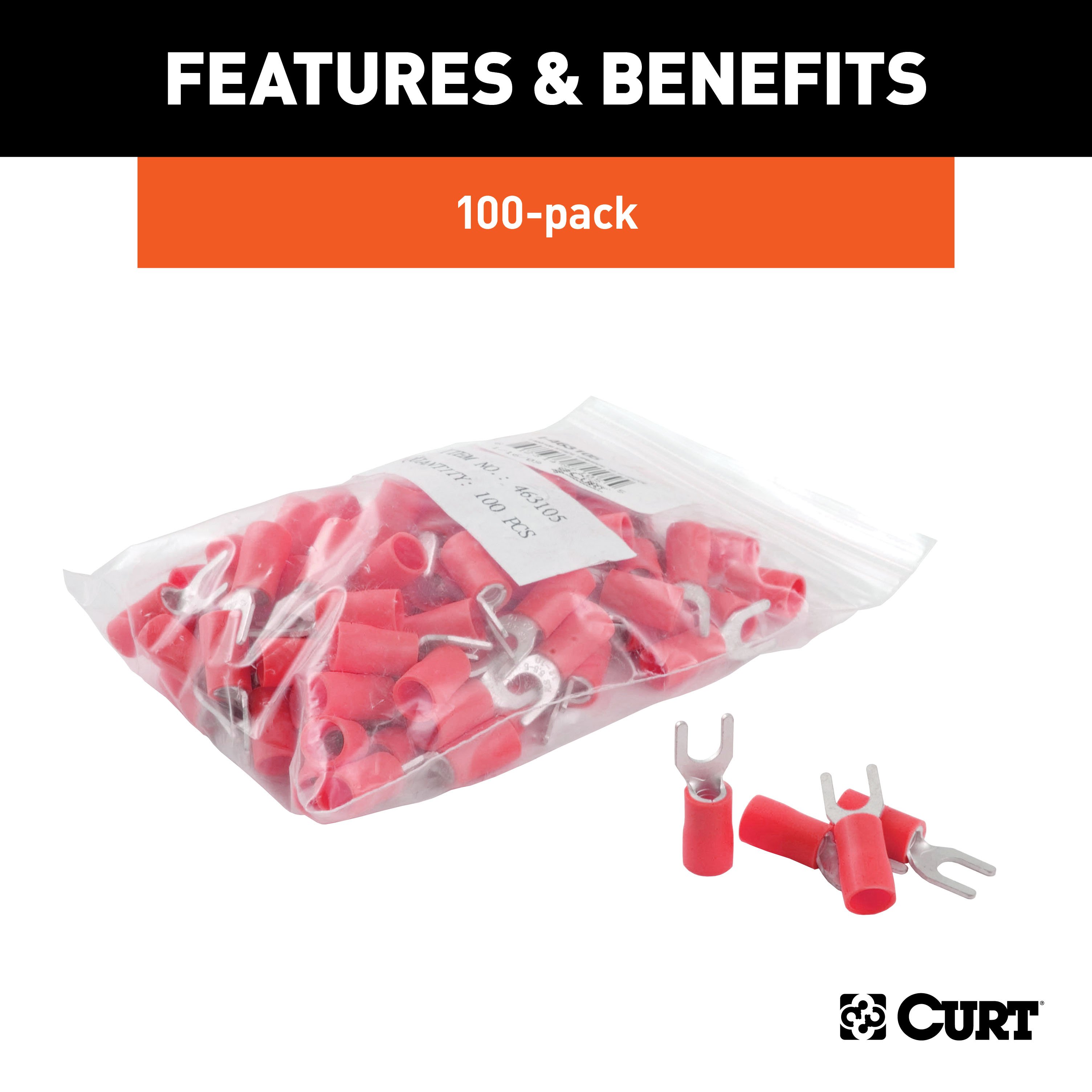 CURT 59611 22-18 Gauge Red Vinyl-Insulated Spade Terminal Connectors, #10 Stud, 100-Pack thumbnail 2
