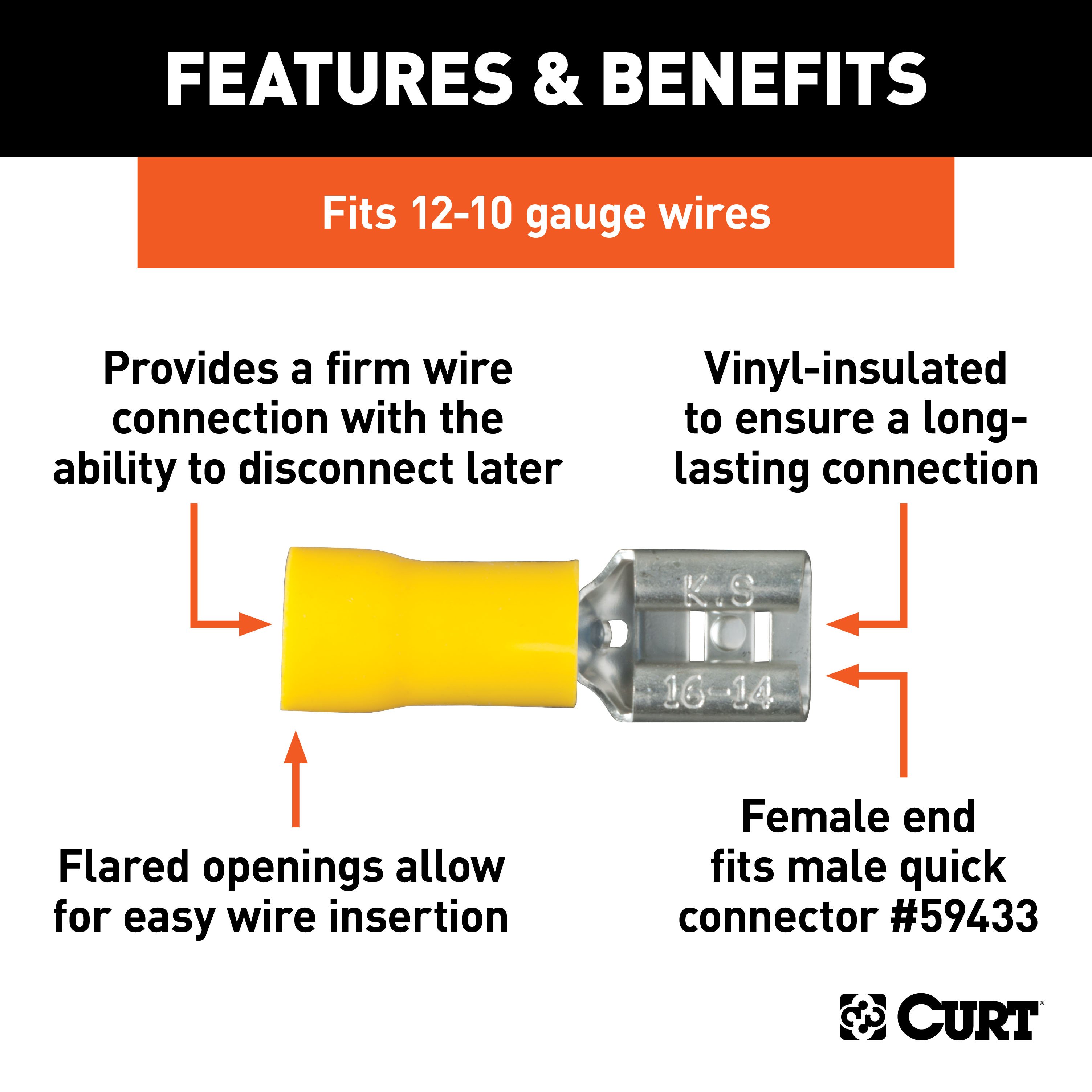 CURT 59593 12-10 Gauge Yellow Vinyl-Insulated Female Wire Quick Connectors, 100-Pack thumbnail 1