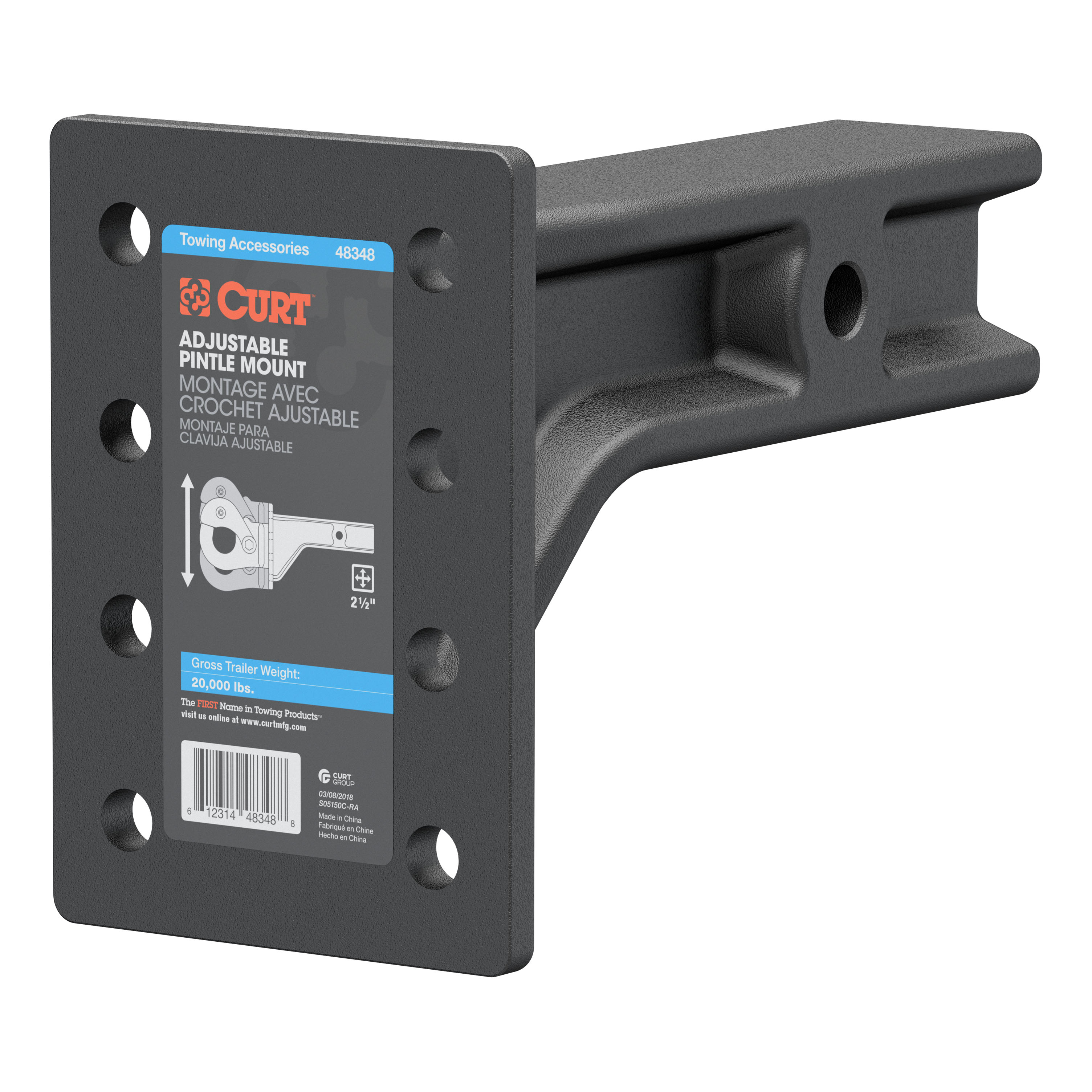 CURT Adjustable Pintle Mount (2-1/2" Shank, 20,000 lbs., 7-1/4" High, 10-3/4" Long) Trailer Hitch Pintle Hook Mount thumbnail 0