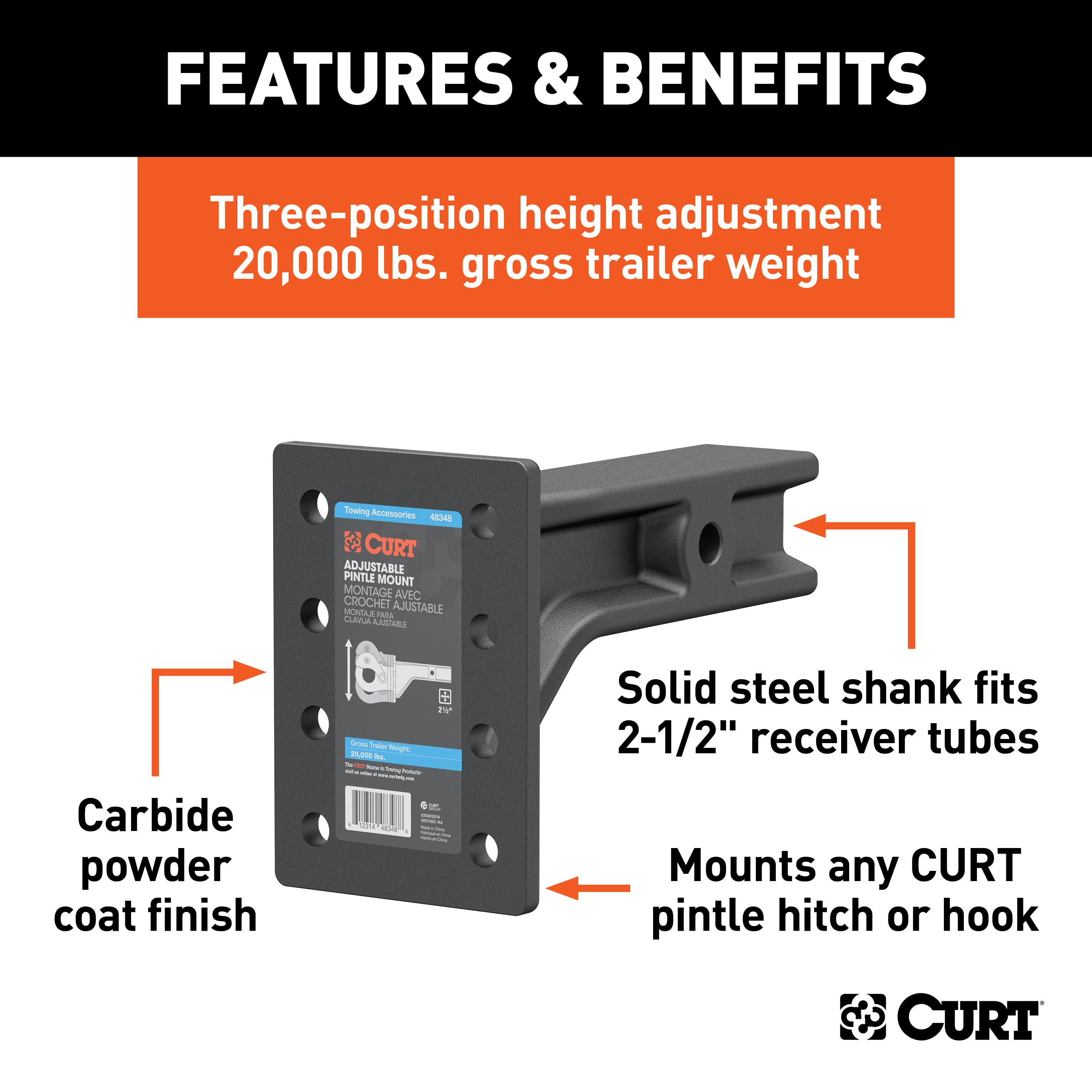 CURT Adjustable Pintle Mount (2-1/2" Shank, 20,000 lbs., 7-1/4" High, 10-3/4" Long) Trailer Hitch Pintle Hook Mount thumbnail 1