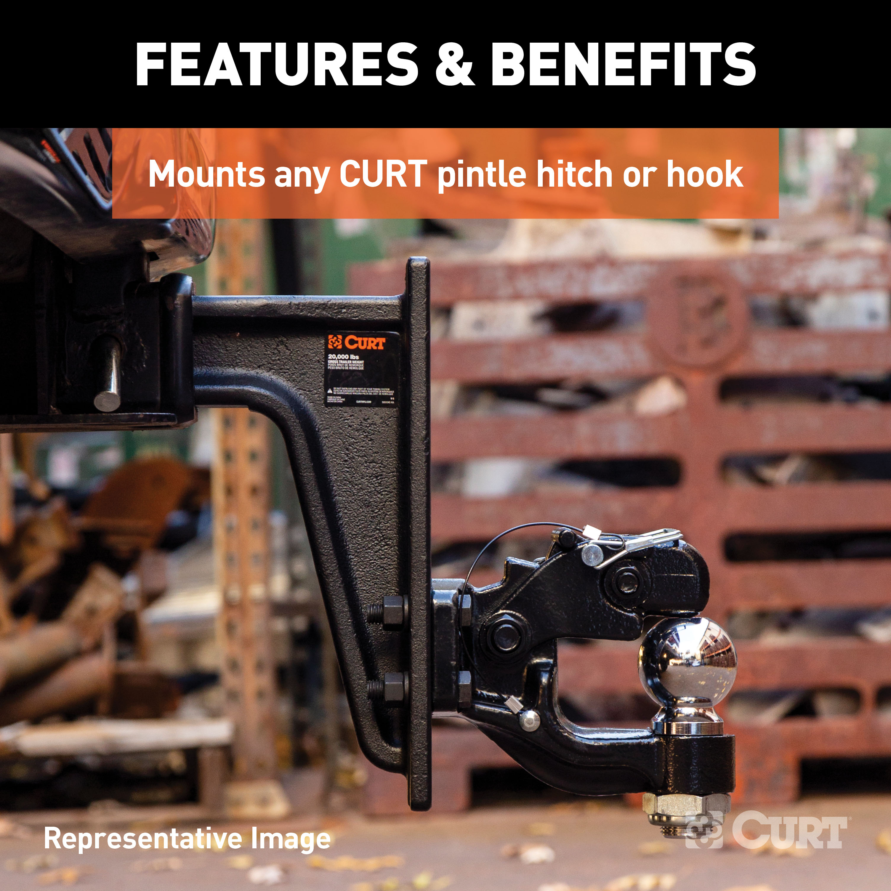 CURT Adjustable Pintle Mount (2-1/2" Shank, 20,000 lbs., 7-1/4" High, 10-3/4" Long) Trailer Hitch Pintle Hook Mount thumbnail 2