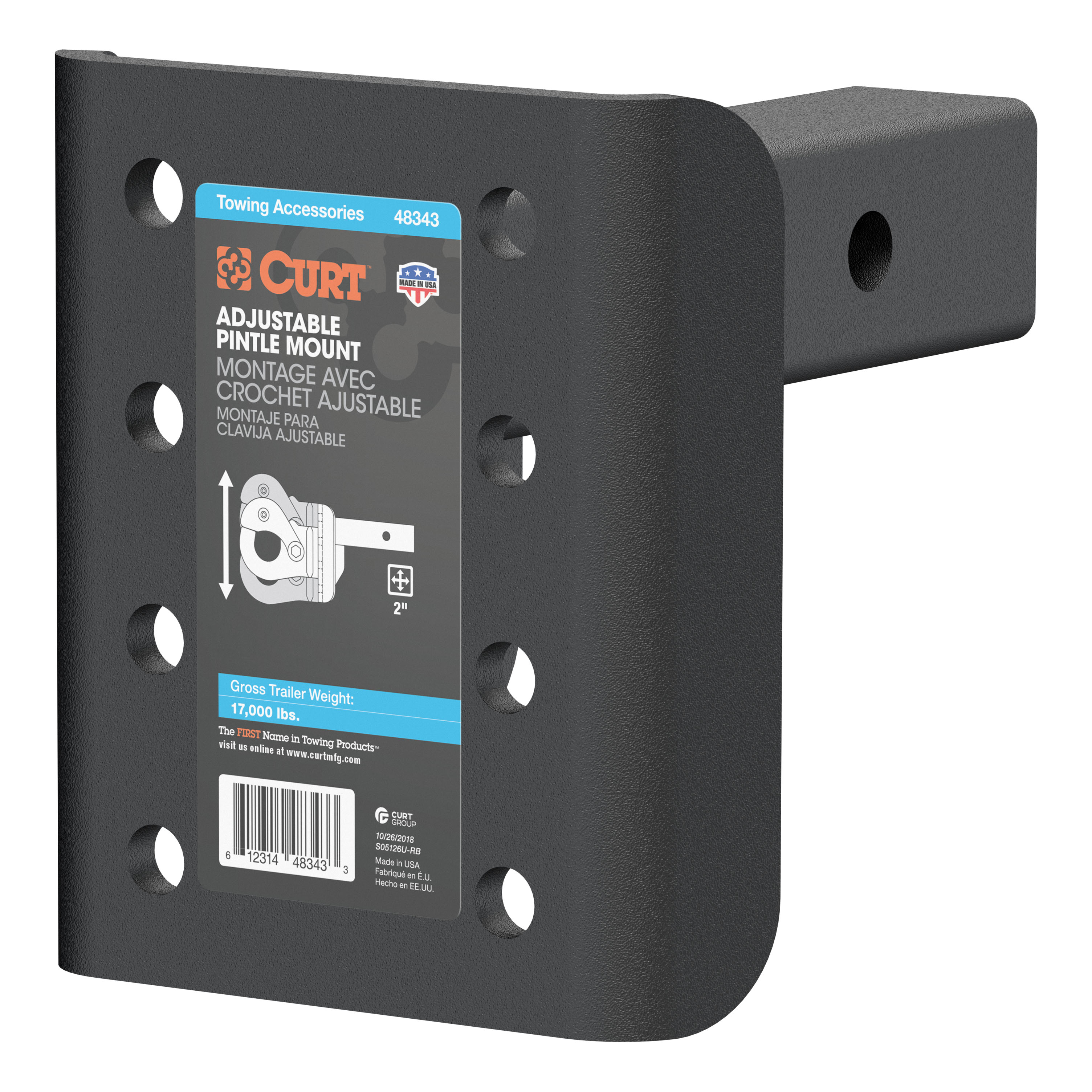 CURT Adjustable Pintle Mount (2" Shank, 17,000 lbs., 7-1/4" High, 6" Long) Trailer Hitch Pintle Hook Mount thumbnail 0