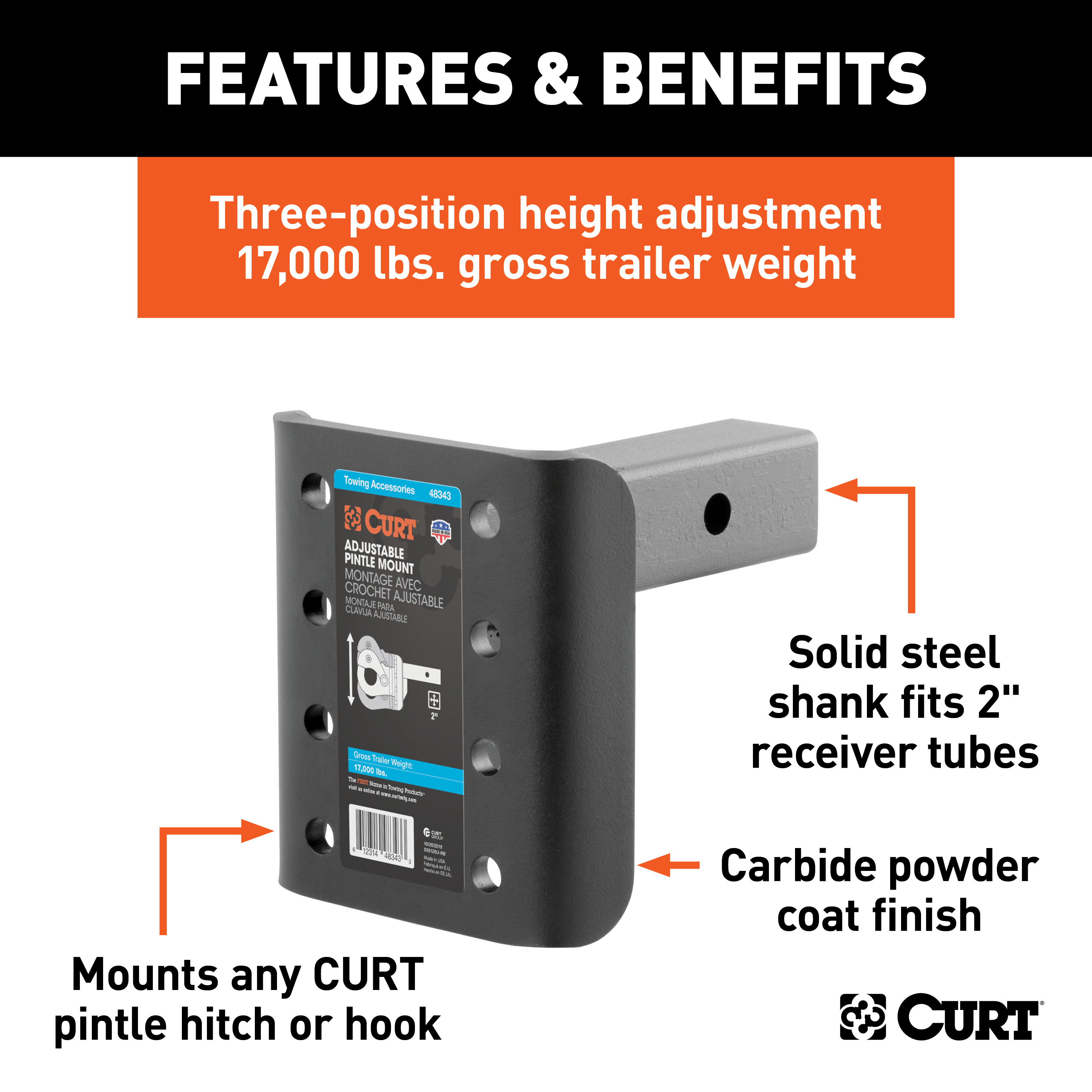 CURT Adjustable Pintle Mount (2" Shank, 17,000 lbs., 7-1/4" High, 6" Long) Trailer Hitch Pintle Hook Mount thumbnail 1