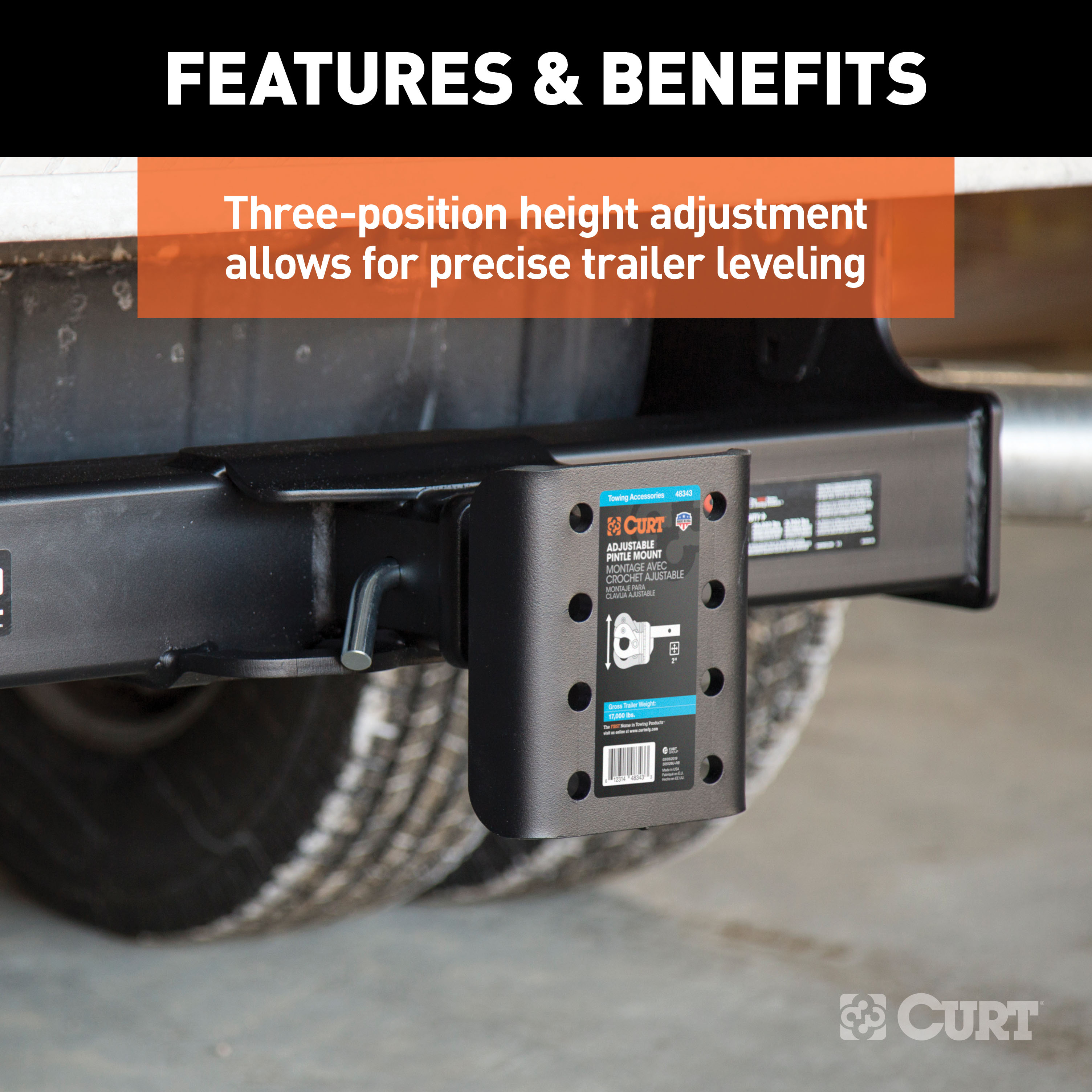 CURT Adjustable Pintle Mount (2" Shank, 17,000 lbs., 7-1/4" High, 6" Long) Trailer Hitch Pintle Hook Mount thumbnail 2