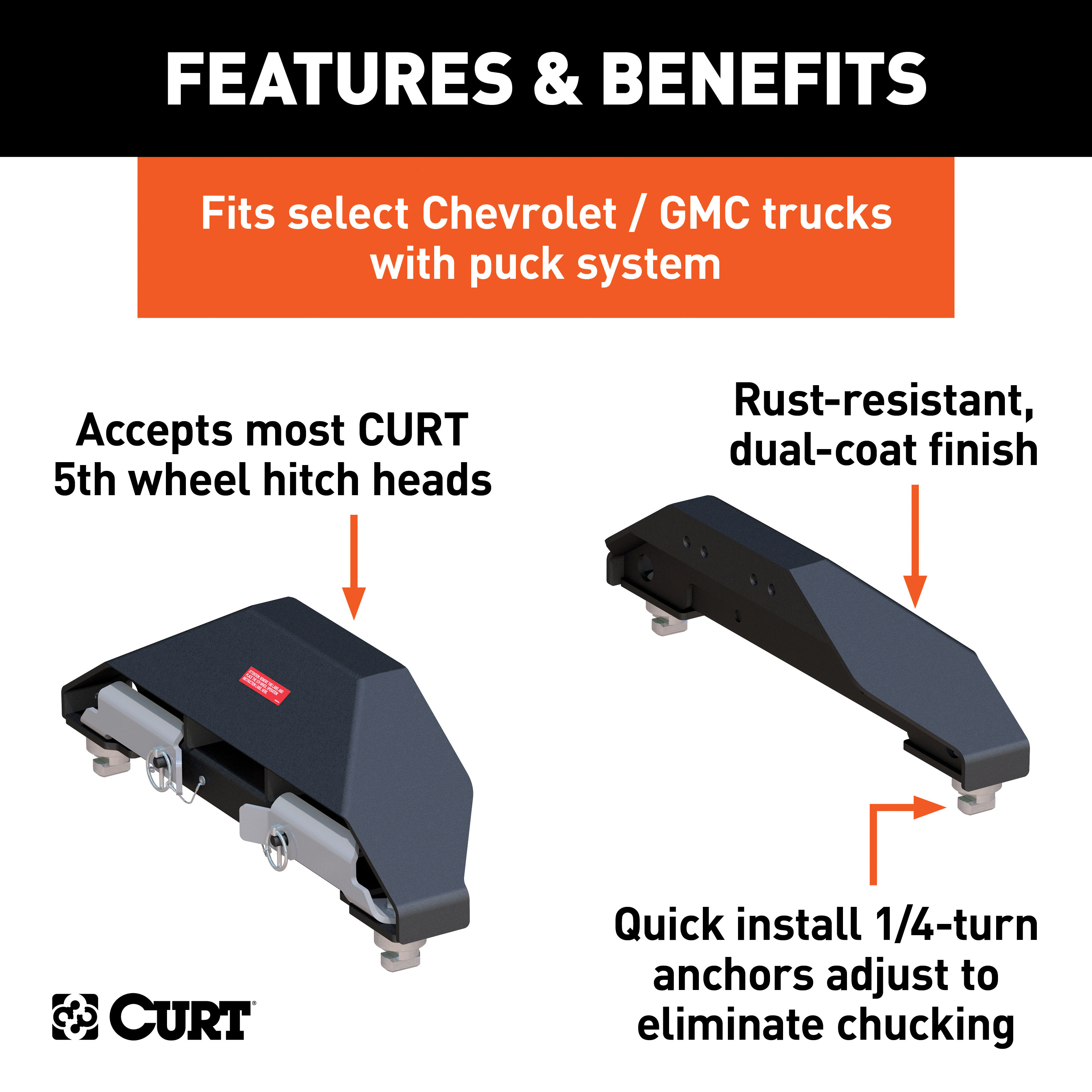 CURT Puck System 5th Wheel Legs, Select Silverado, Sierra 2500, 3500 HD, 8' Bed, 25K Fifth Wheel Trailer Hitch Mount Leg thumbnail 1