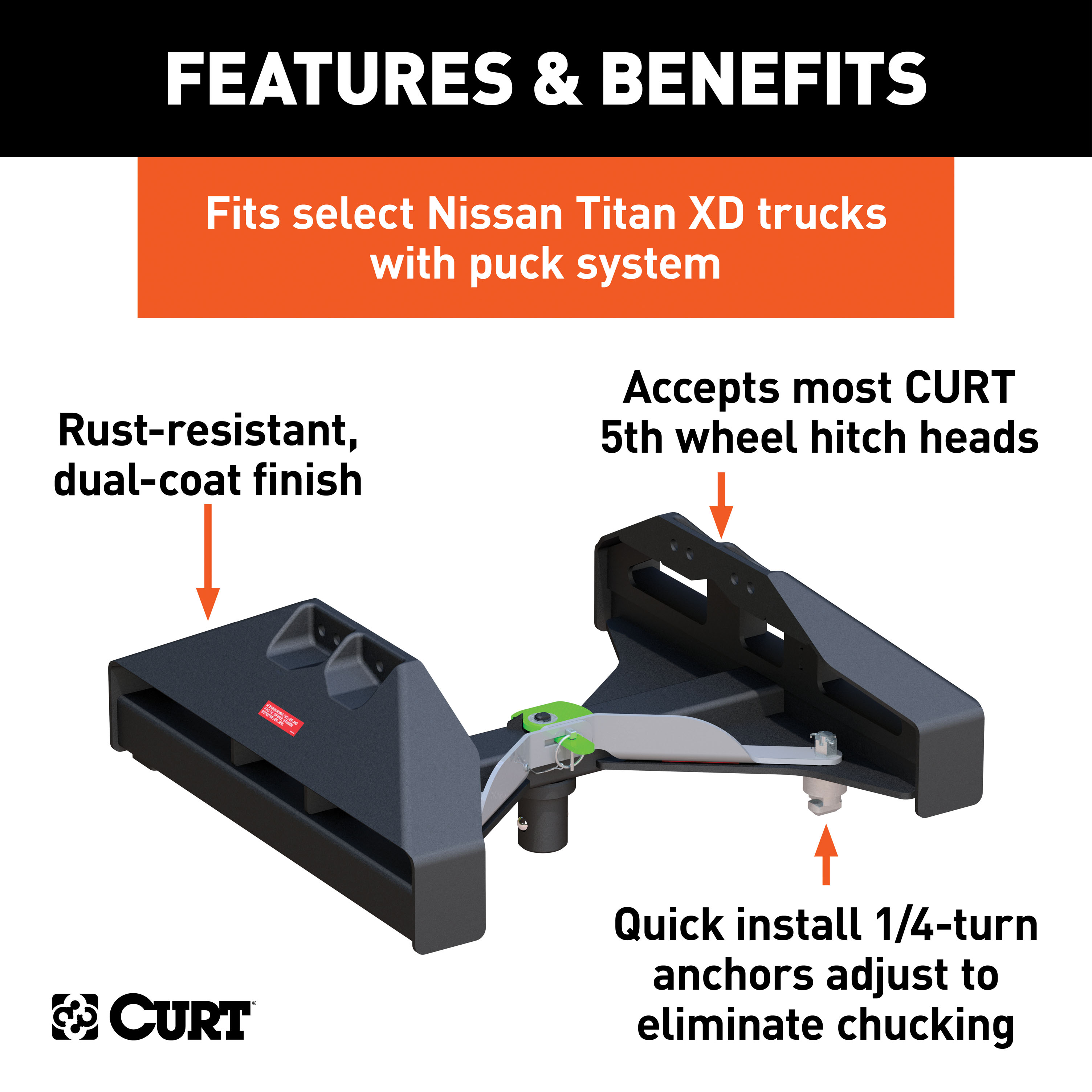 CURT Puck System 5th Wheel Legs, Select Nissan Titan XD, 8' Bed, 20K Fifth Wheel Trailer Hitch Mount Leg thumbnail 1