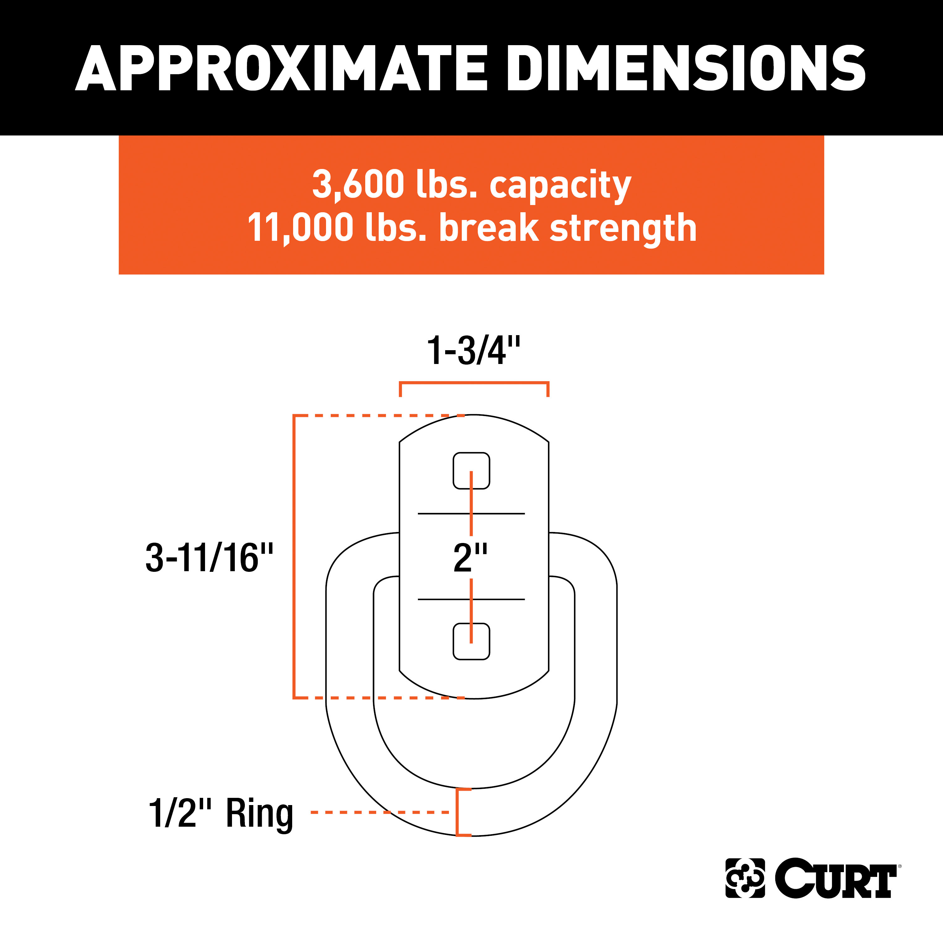 CURT 3" x 3" Surface-Mounted Tie-Down D-Ring (3,600 lbs, Clear Zinc) Tow Ring thumbnail 2