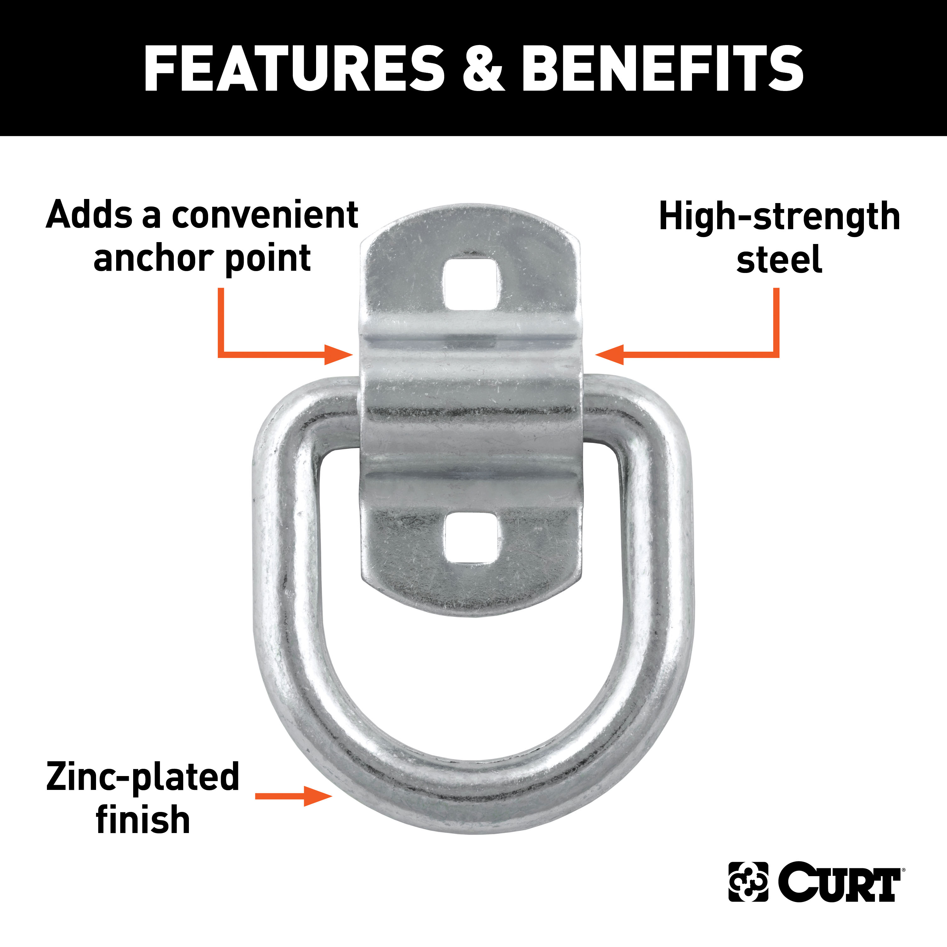 CURT 3" x 3" Surface-Mounted Tie-Down D-Ring (3,600 lbs, Clear Zinc) Tow Ring thumbnail 3