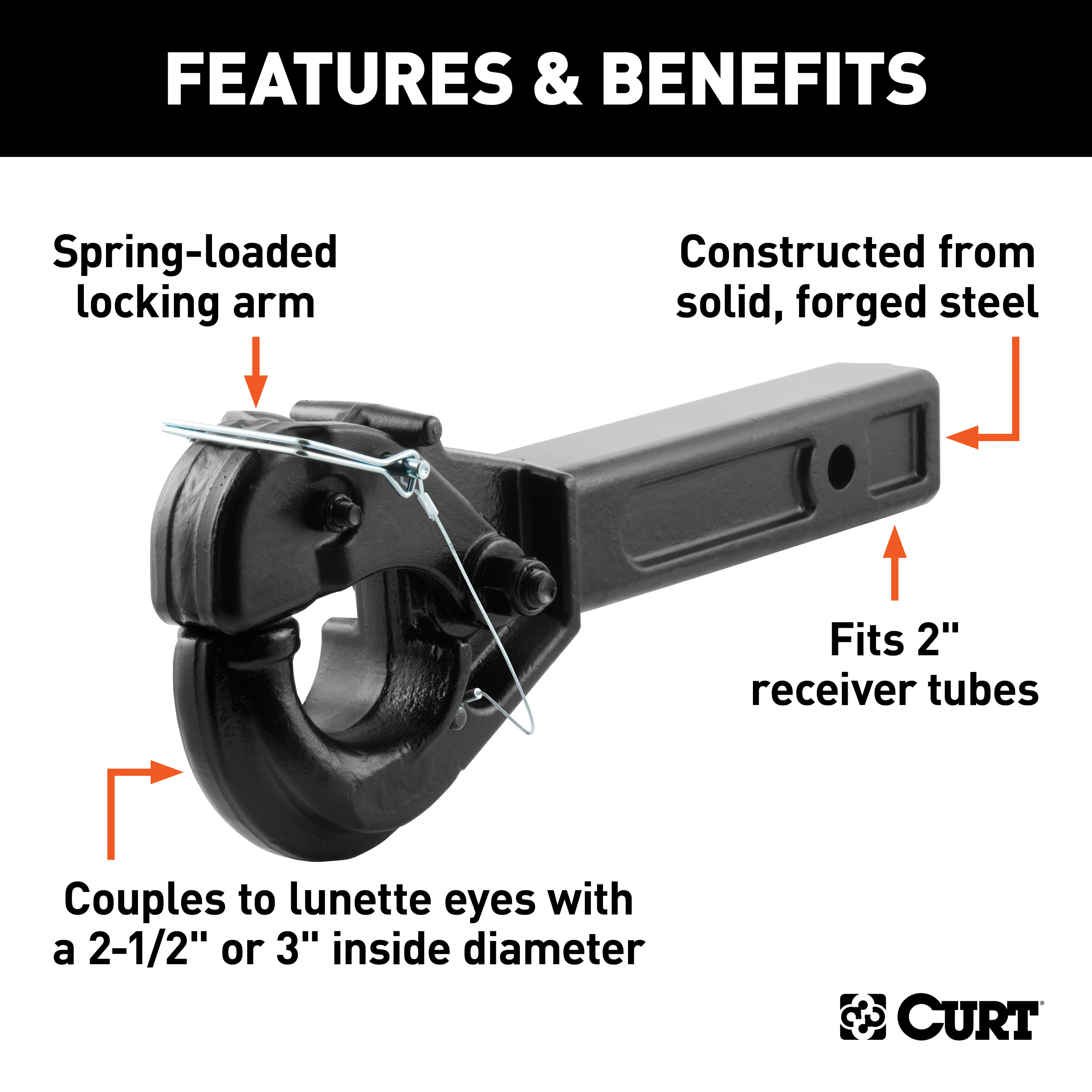 CURT Receiver-Mount Pintle Hook (2" Shank, 10,000 lbs., 2-1/2" Lunette Rings) Trailer Hitch Pintle Hook Mount thumbnail 1