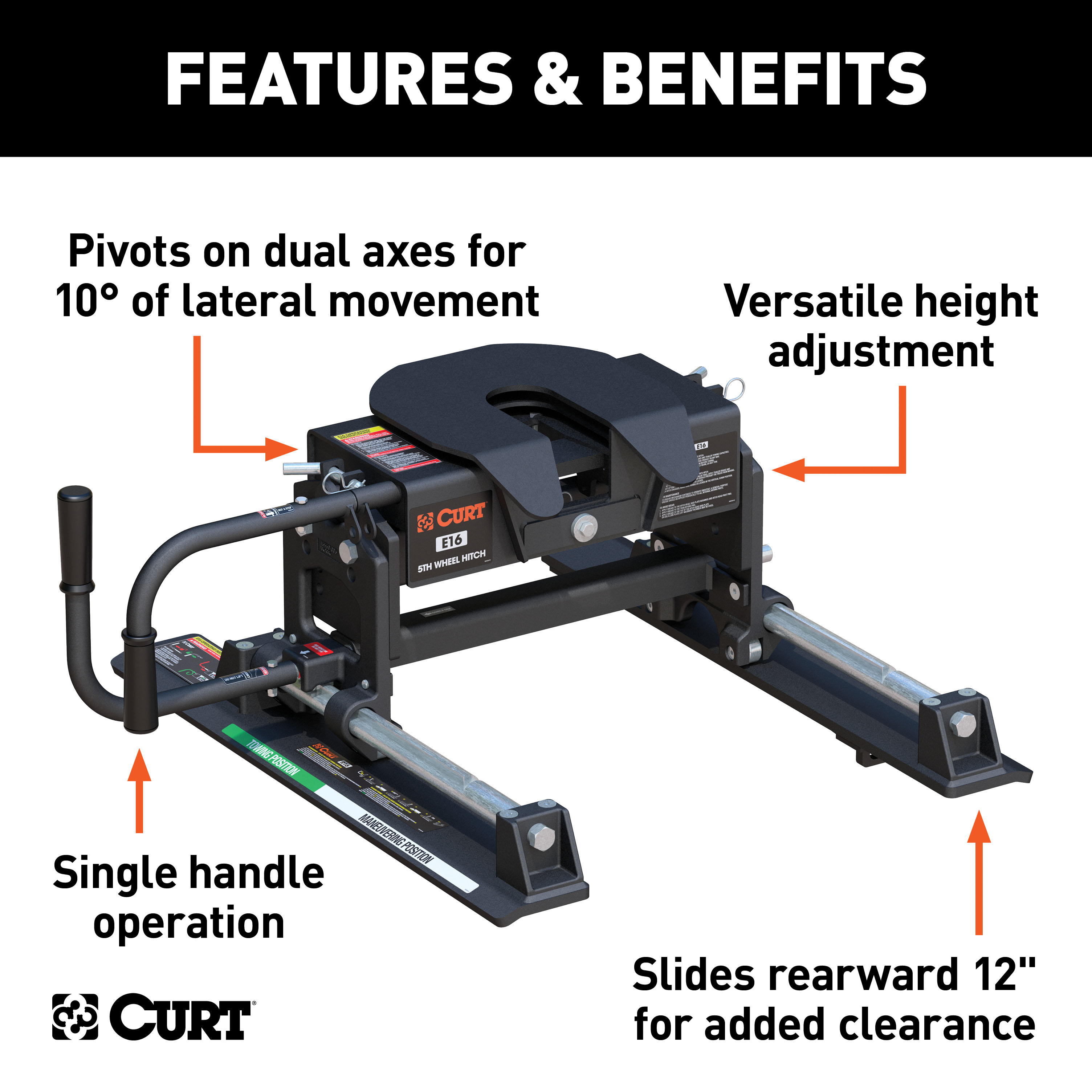 CURT 16k Sliding 5th Wheel Hitch 16K, E16 Pivots on dual axes thumbnail 1