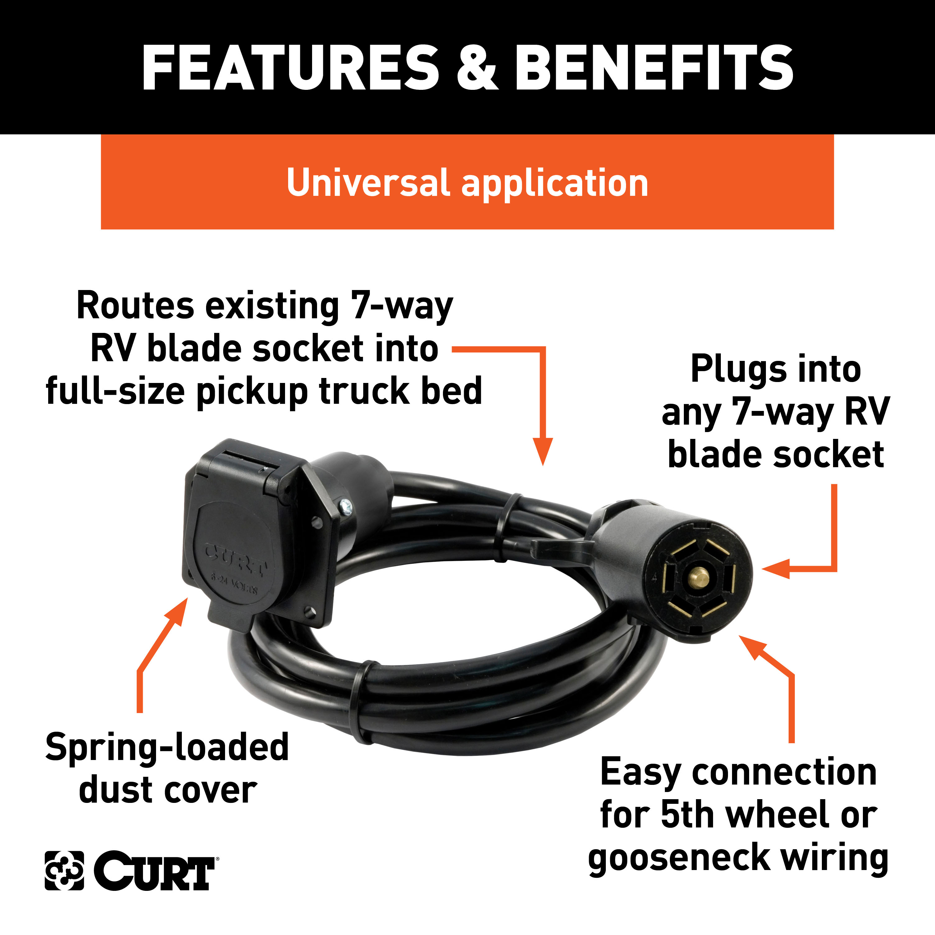 CURT 7' 7-Way RV Blade Extension Harness (Routes to Truck Bed) Trailer Connector Kit thumbnail 1