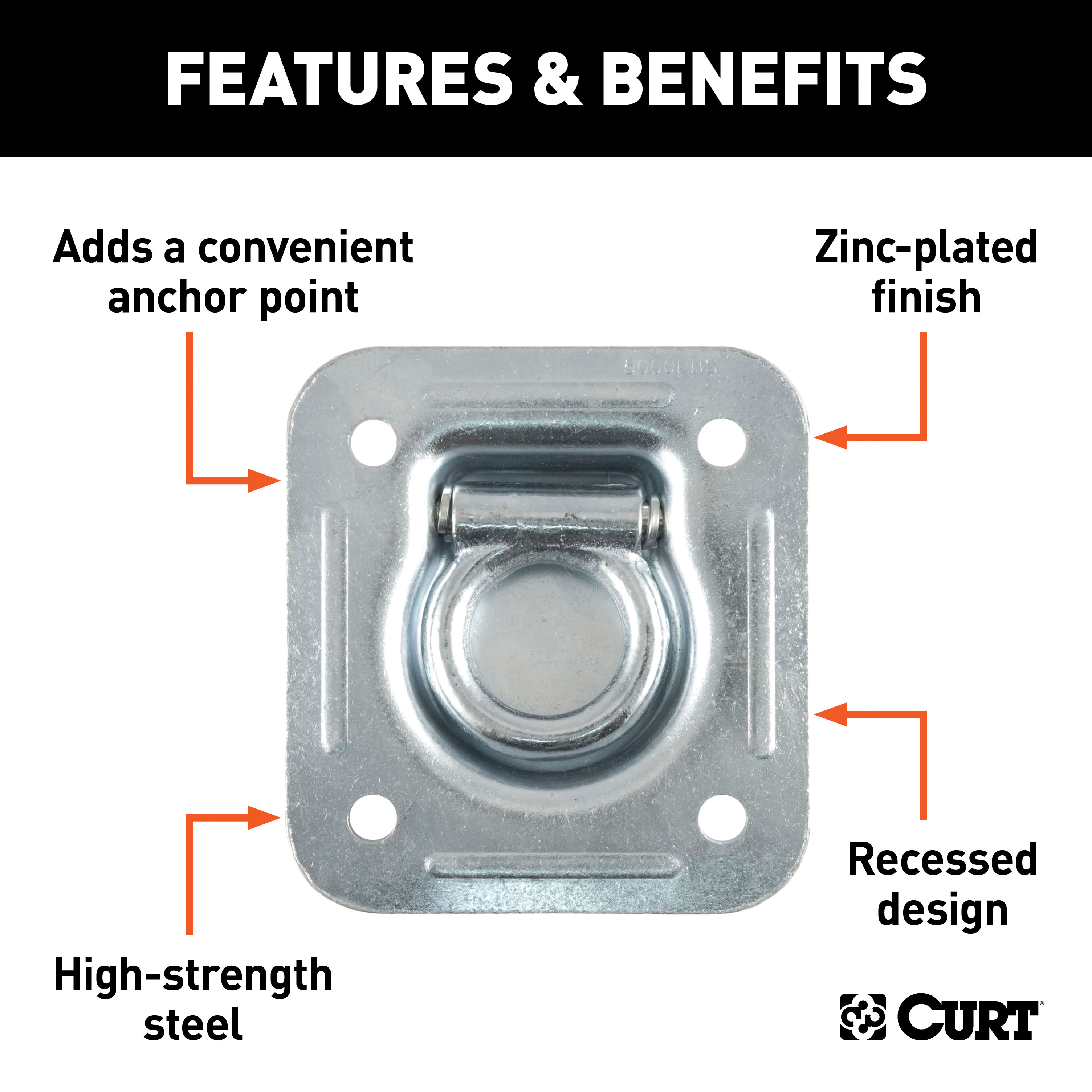 CURT 1-1/2" x 1-1/2" Recessed Tie-Down Ring (5,000 lbs, Clear Zinc) Tie Down Anchor thumbnail 1
