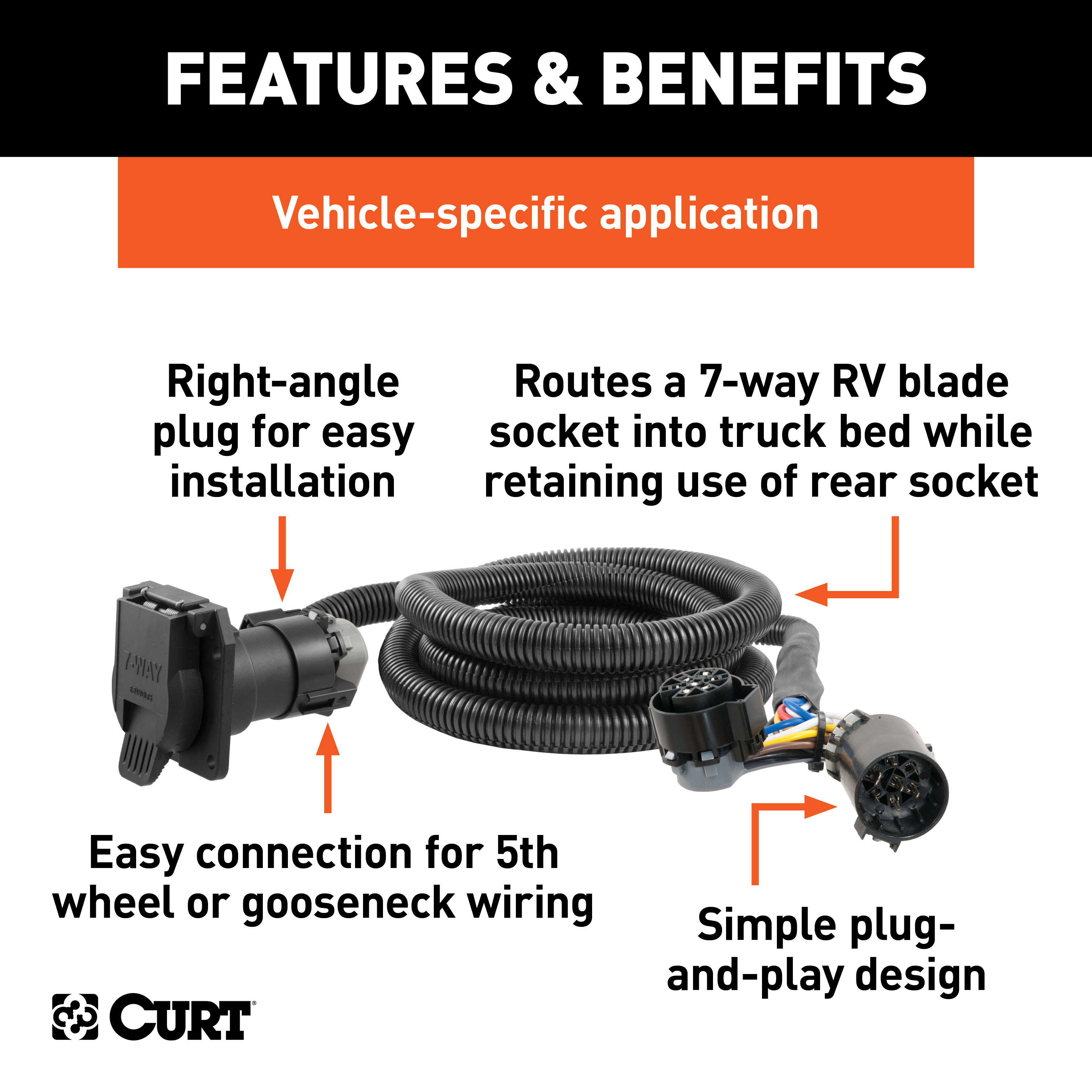 CURT 7' Custom Wiring Extension Harness (Adds 7-Way RV Blade to Truck Bed, Packaged) Trailer Connector Kit thumbnail 1