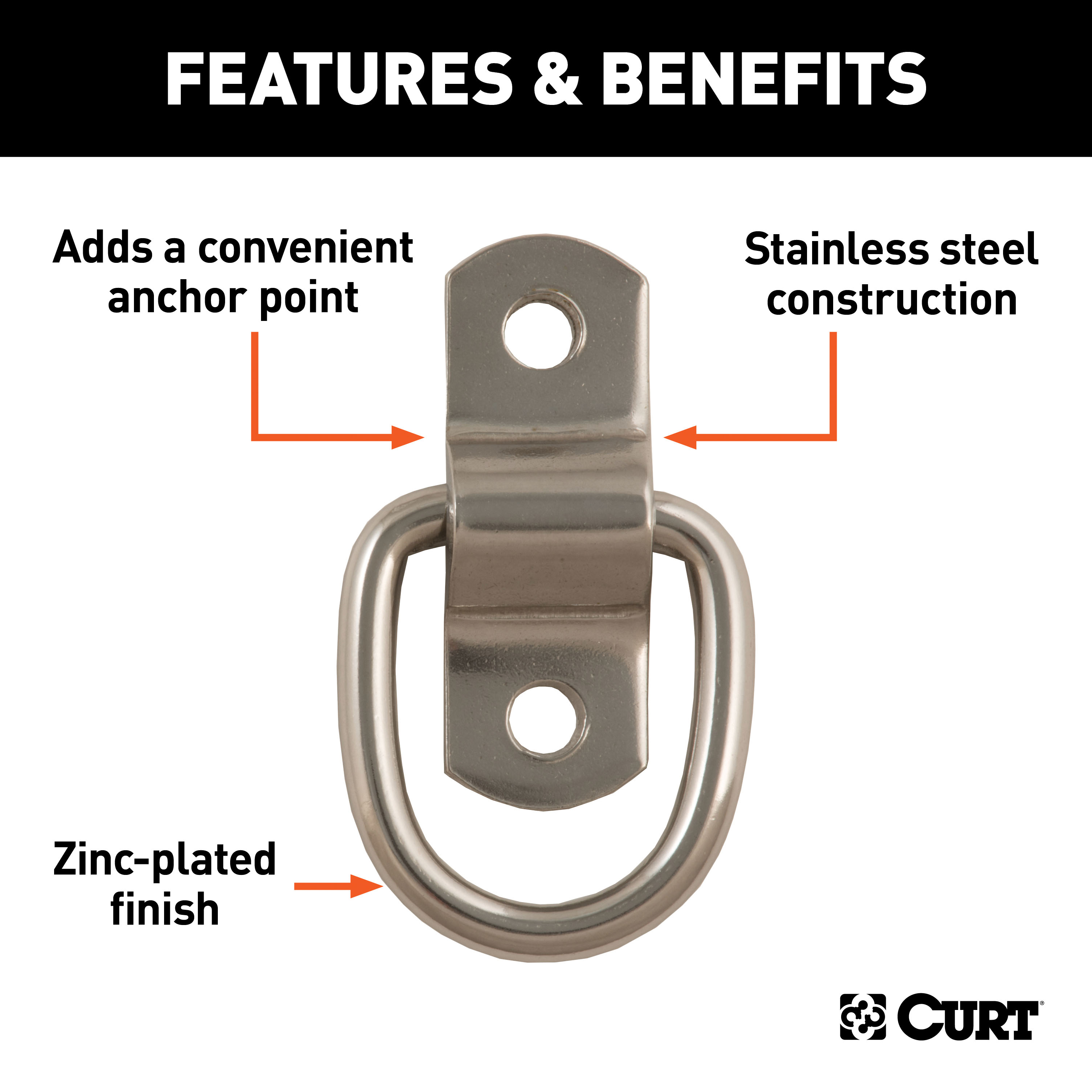 CURT 1" x 1-1/4" Surface-Mounted Tie-Down D-Ring (1,200 lbs, Stainless) Tow Ring thumbnail 3
