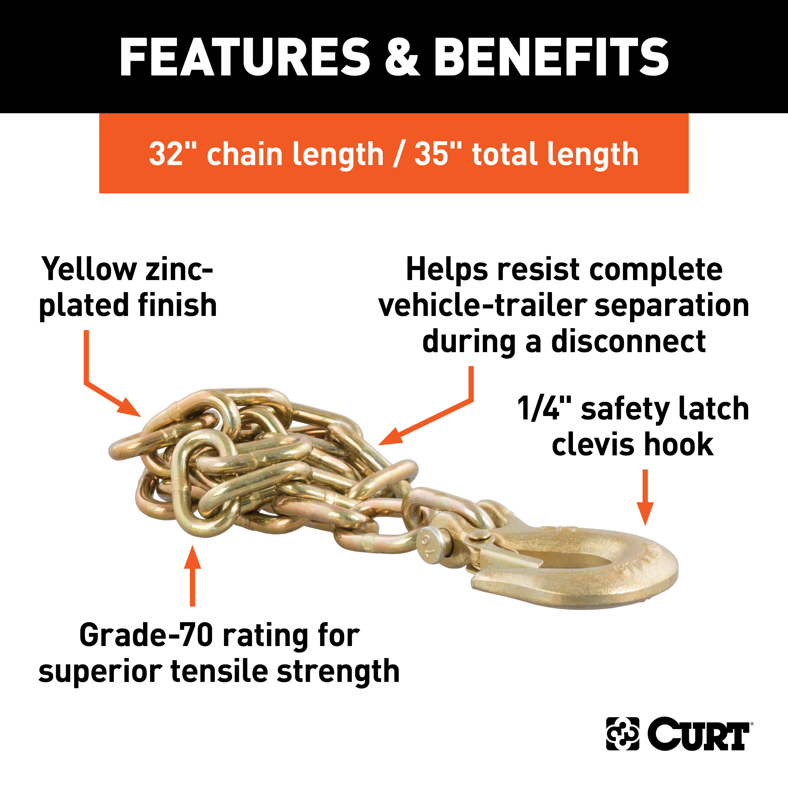 CURT 35" Safety Chain with 1 Clevis Hook (12,600 lbs, Yellow Zinc) Trailer Hitch thumbnail 3