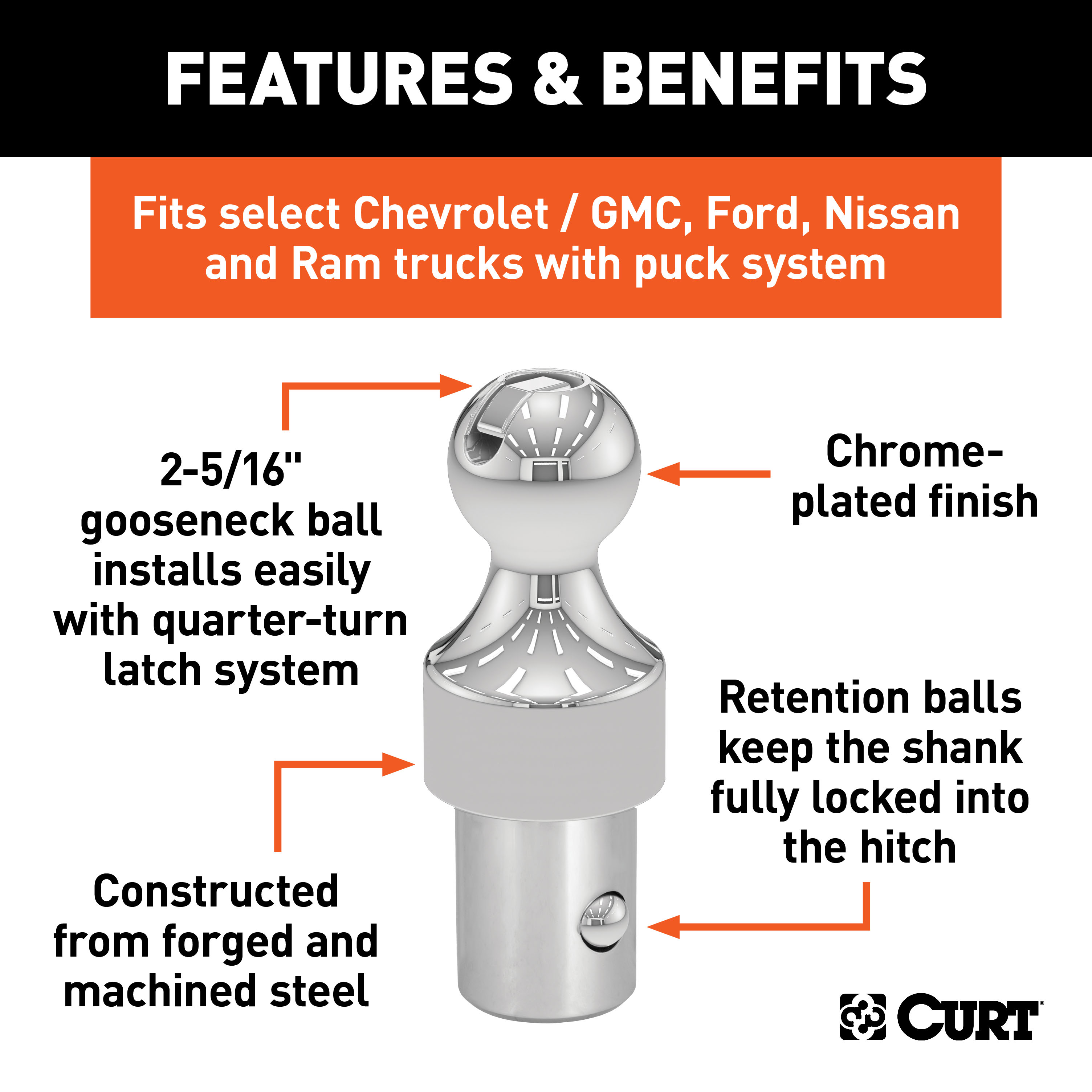 CURT OEM Puck System 2-5/16" Gooseneck Ball, Chevrolet, Ford, GMC, Nissan, Ram (30K) Gooseneck Trailer Hitch Ball thumbnail 1