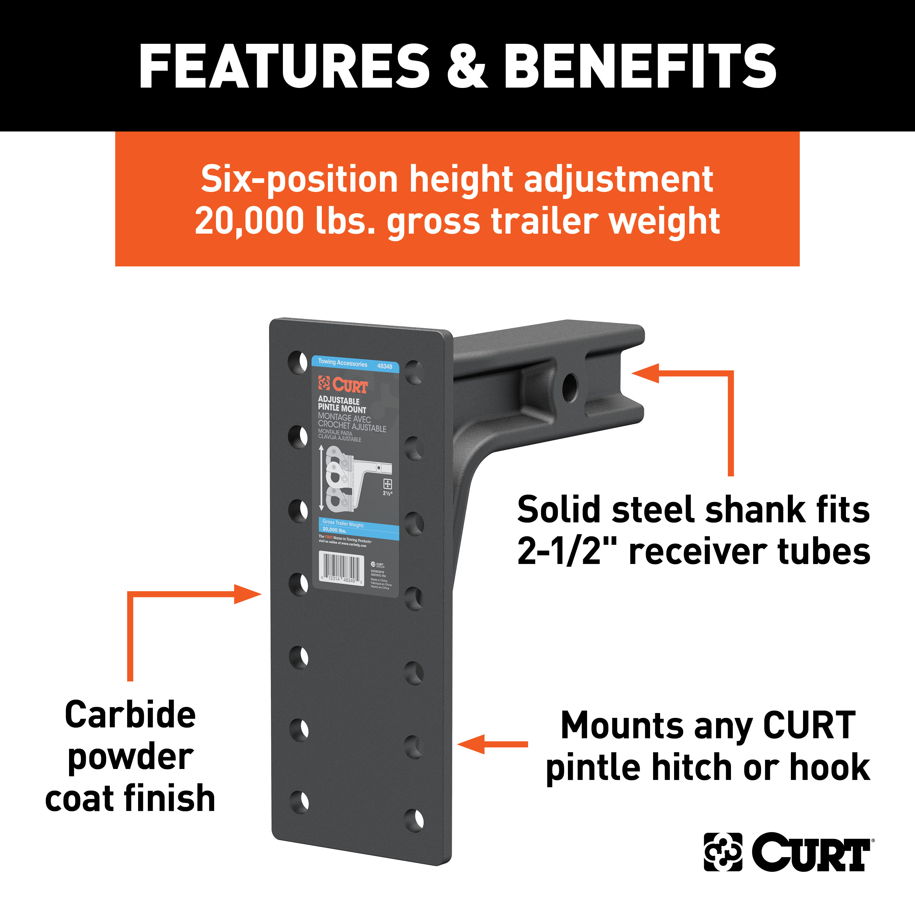 CURT Adjustable Pintle Mount (2-1/2" Shank, 20,000 lbs., 12-1/2" High, 10-3/4" Long) Trailer Hitch Pintle Hook Mount thumbnail 1