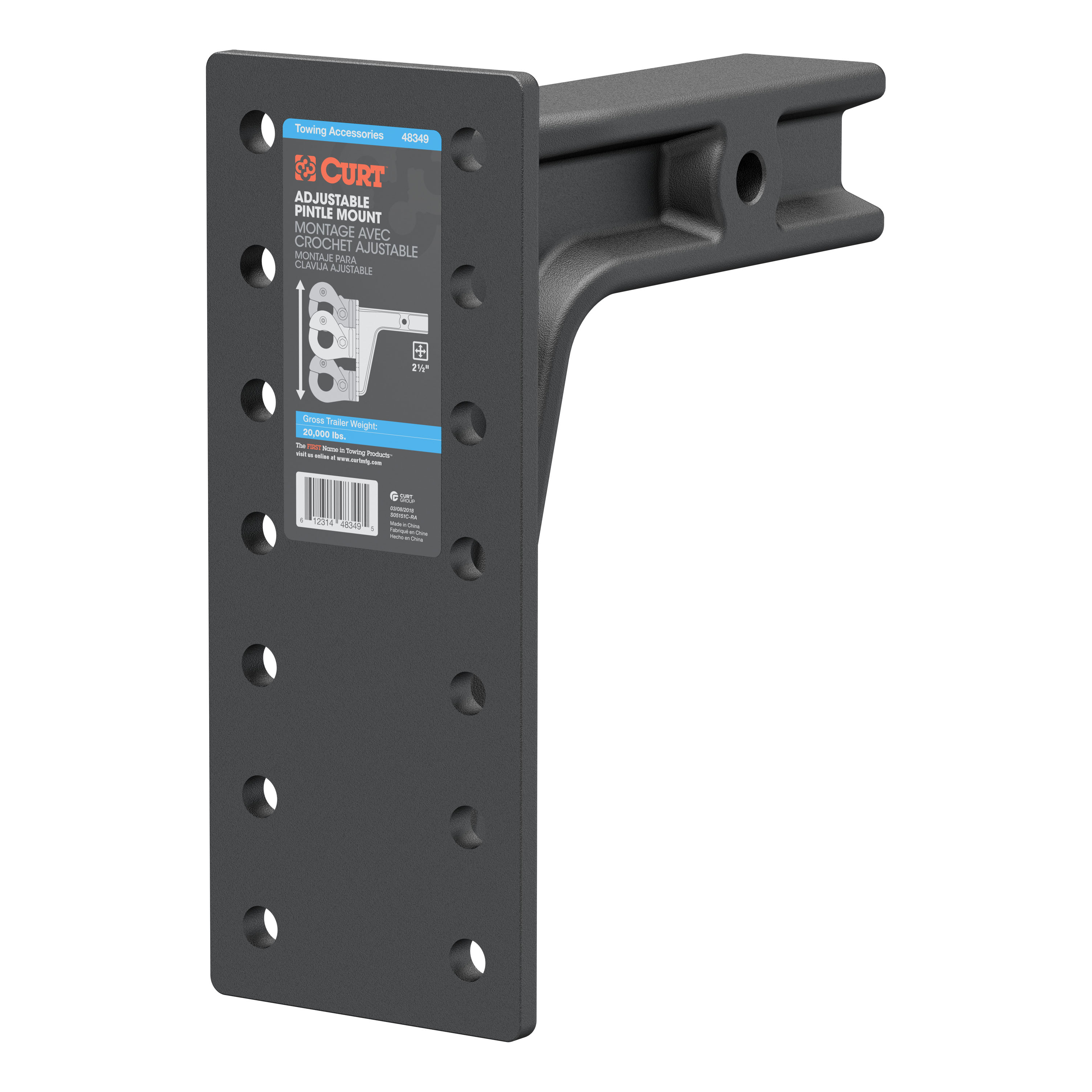 CURT Adjustable Pintle Mount (2-1/2" Shank, 20,000 lbs., 12-1/2" High, 10-3/4" Long) Trailer Hitch Pintle Hook Mount thumbnail 0