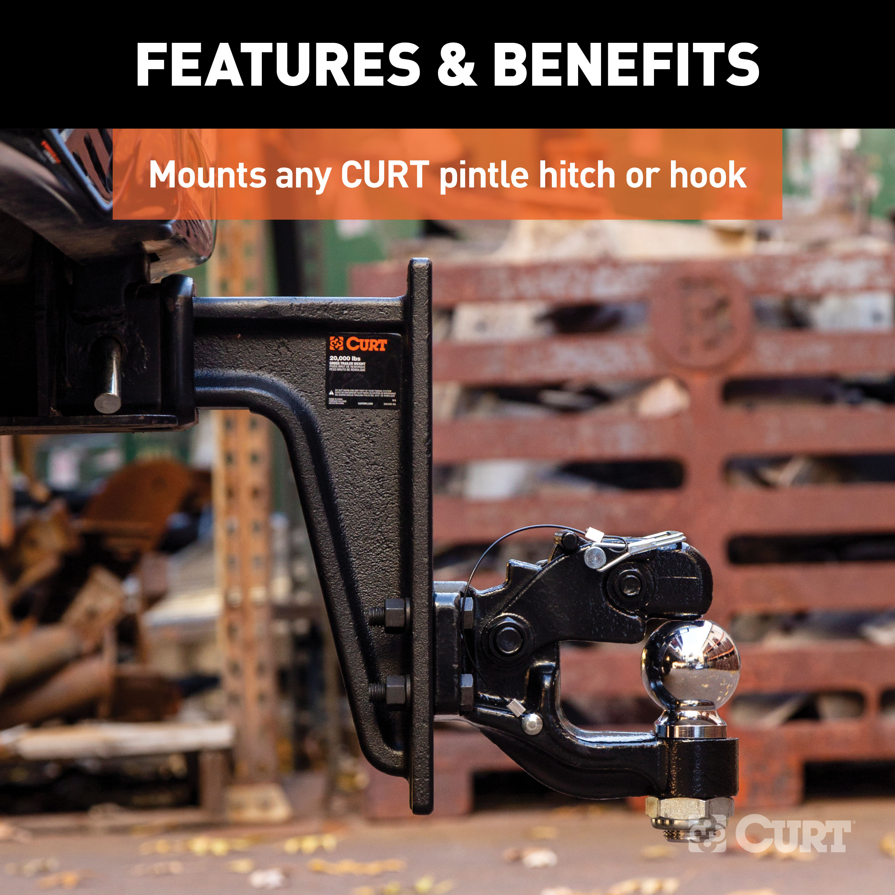 CURT Adjustable Pintle Mount (2-1/2" Shank, 20,000 lbs., 12-1/2" High, 10-3/4" Long) Trailer Hitch Pintle Hook Mount thumbnail 2