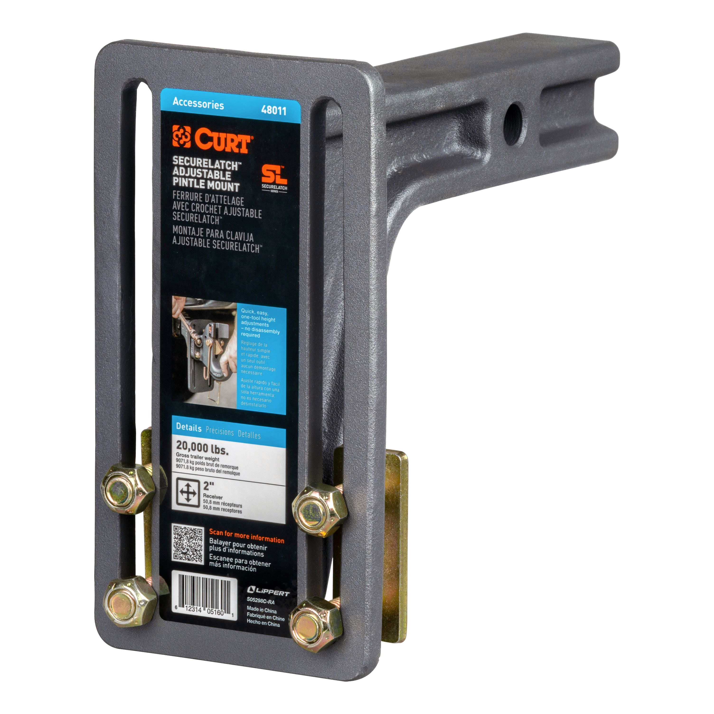 CURT SecureLatch Adjustable Pintle Mount (2" Shank, 20,000 lbs.) Trailer Hitch Ball Mount thumbnail 0