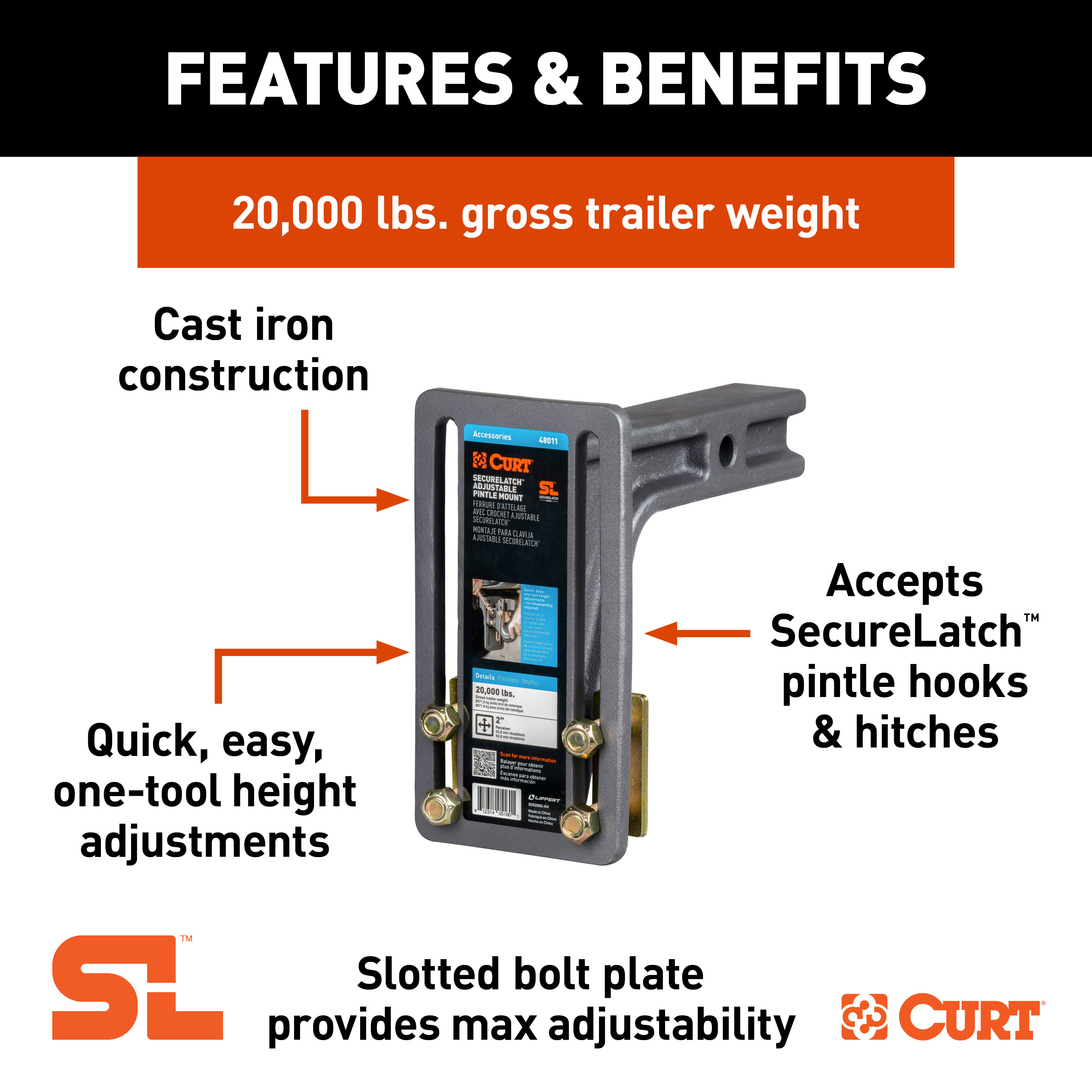 CURT SecureLatch Adjustable Pintle Mount (2" Shank, 20,000 lbs.) Trailer Hitch Ball Mount thumbnail 1