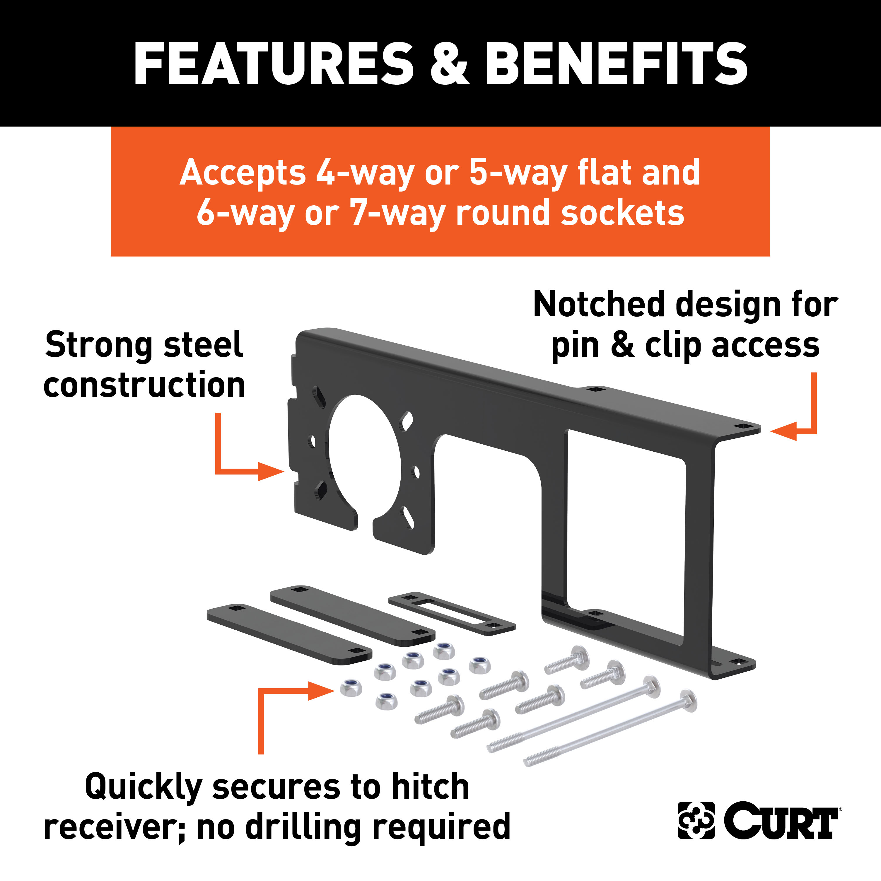 CURT Easy-Mount Wiring Bracket for 4 or 5-Flat & 6 or 7-Round (2-1/2" Receiver) Trailer Wire Connector Mounting Bracket thumbnail 1