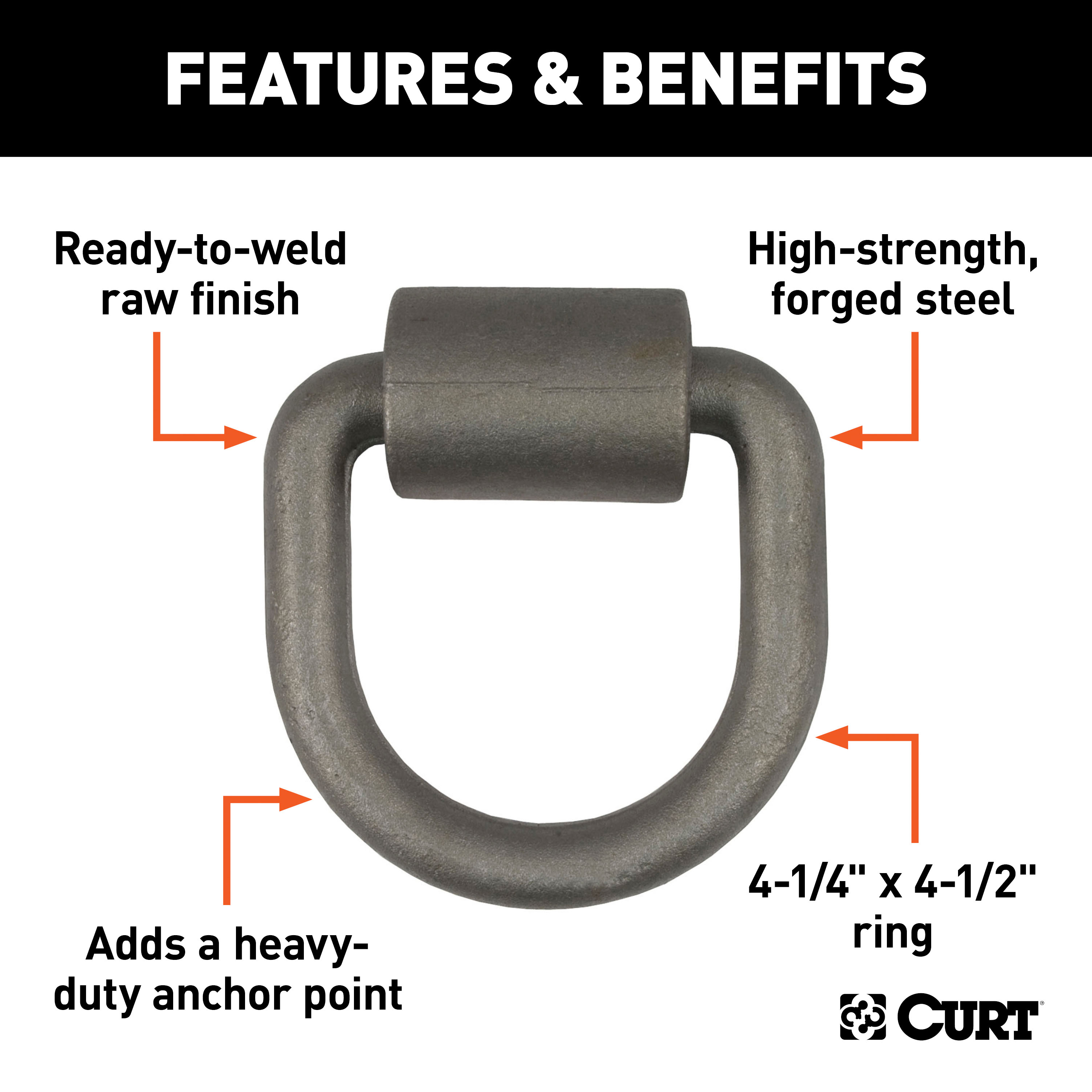 CURT 3" x 3" Weld-On Tie-Down D-Ring (6,100 lbs, Raw Steel) Tow Ring thumbnail 1