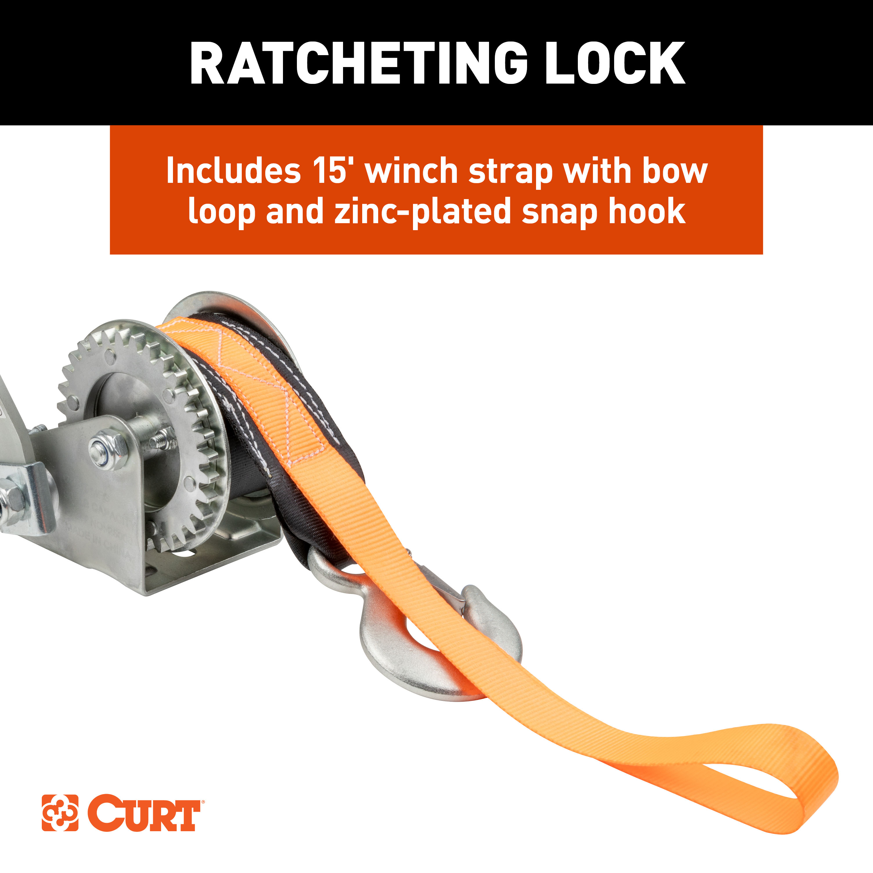 CURT Hand Crank Winch with 15' Strap & Bow Loop (900 lbs, 6.5" Handle) Winch thumbnail 6