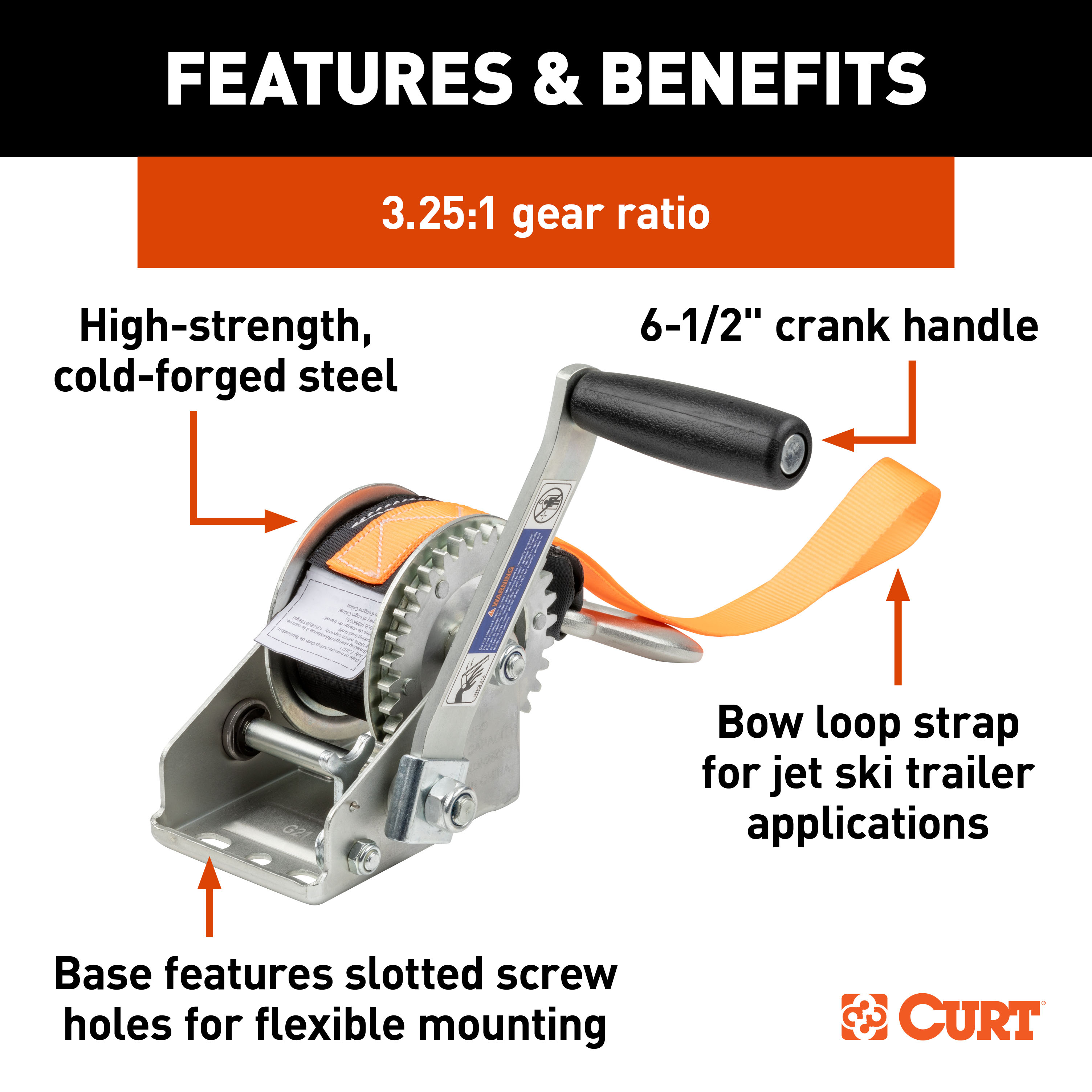 CURT Hand Crank Winch with 15' Strap & Bow Loop (900 lbs, 6.5" Handle) Winch thumbnail 1
