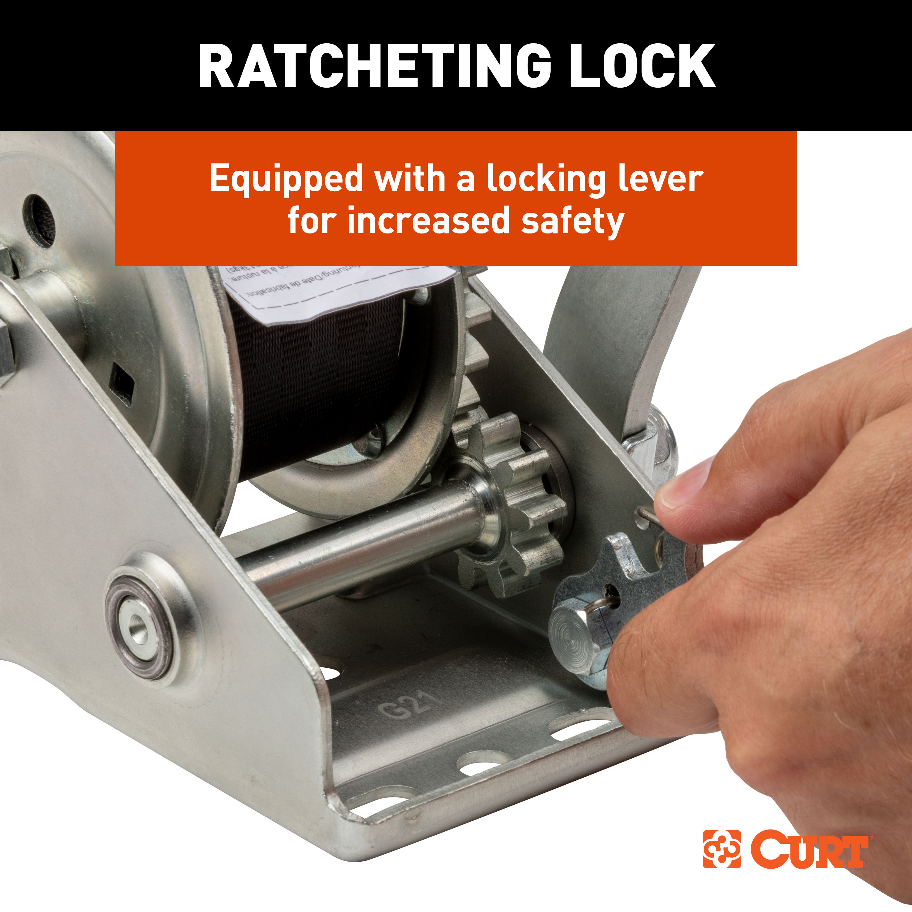 CURT Hand Crank Winch with 15' Strap & Bow Loop (900 lbs, 6.5" Handle) Winch thumbnail 3