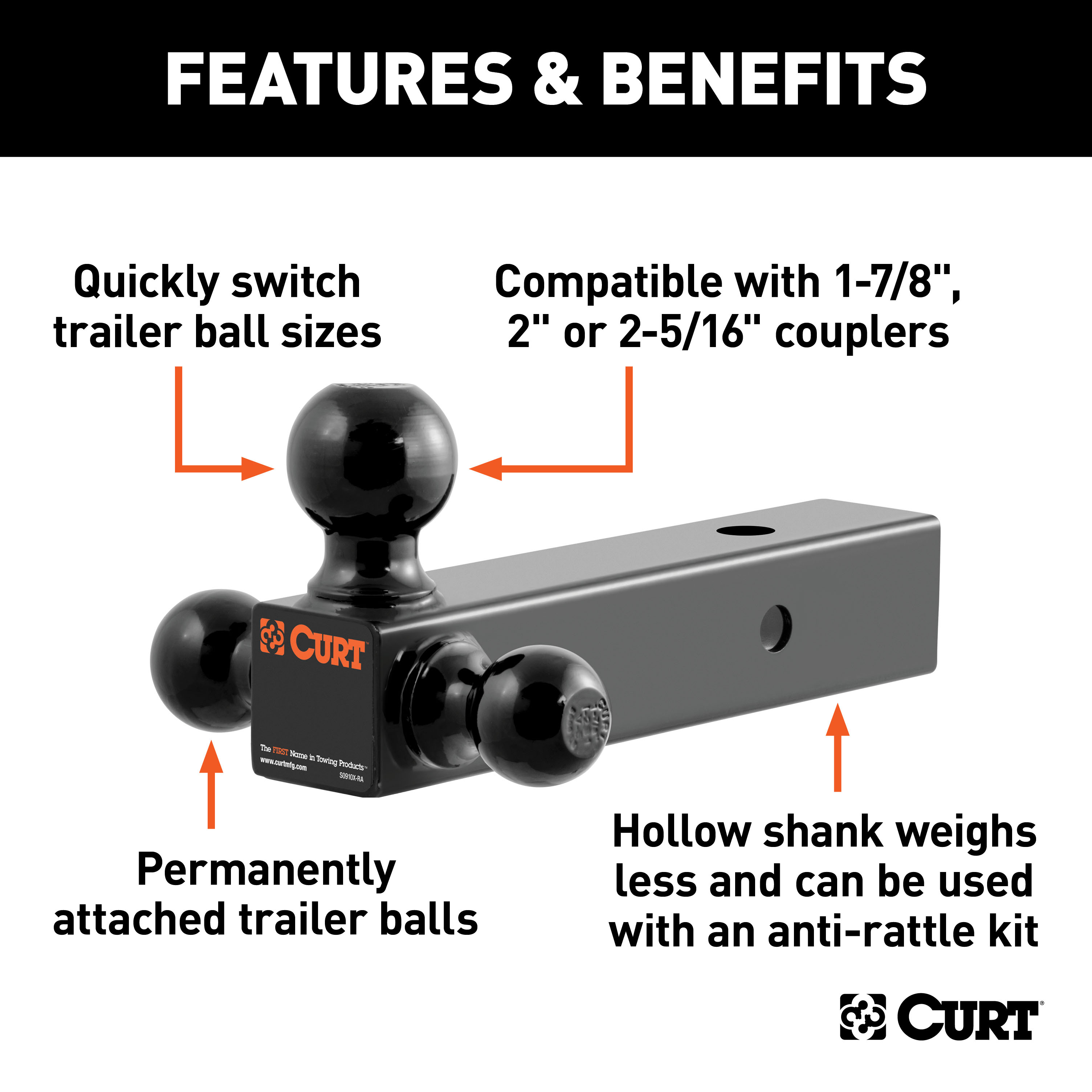 CURT Multi-Ball Mount (2-1/2" Hollow Shank, 1-7/8", 2" & 2-5/16" Black Balls) Trailer Hitch Ball Mount thumbnail 1