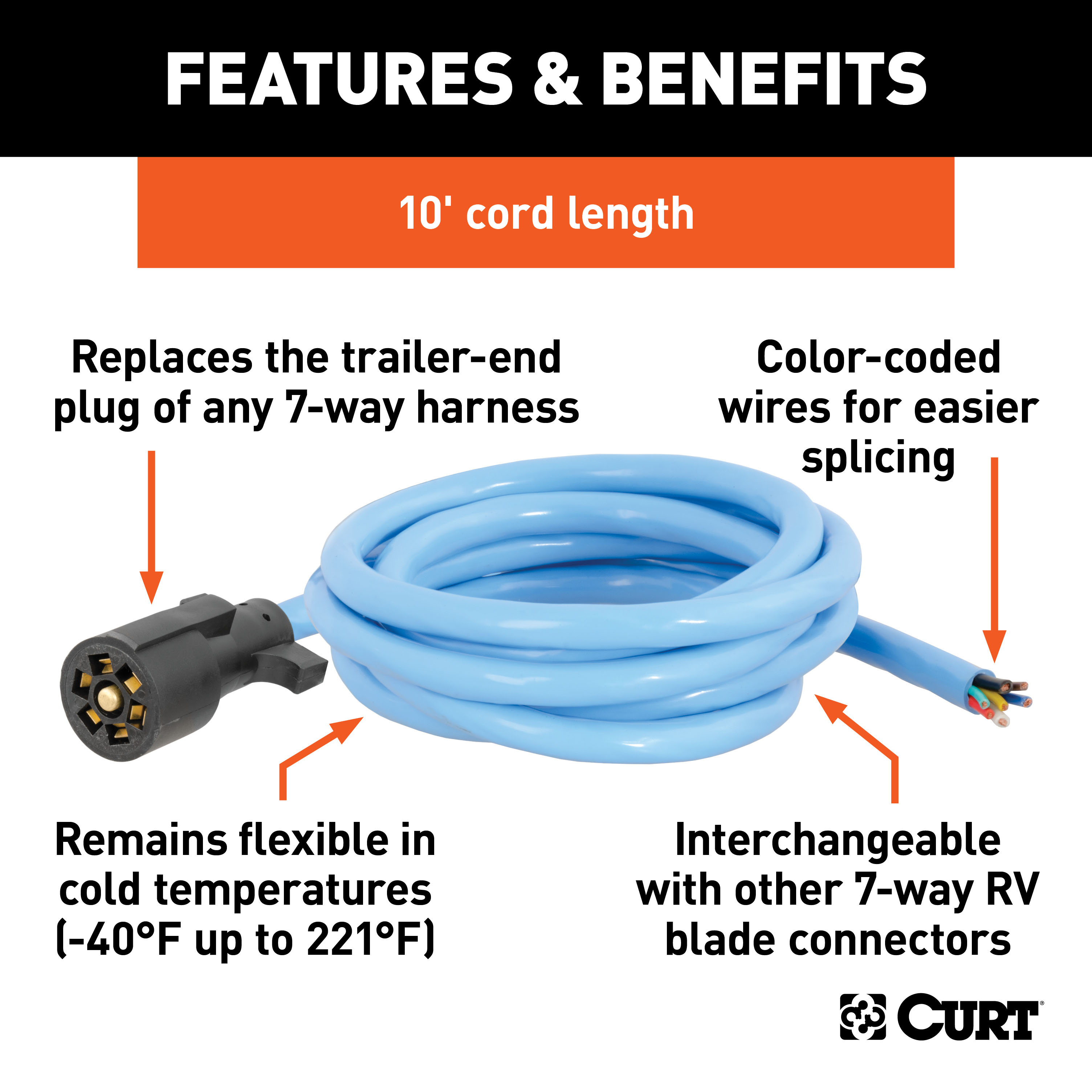 CURT Cold-Weather Replacement 7-Way RV Blade with 10' Wires (Trailer Side) Trailer Wiring Adapter Connector thumbnail 1