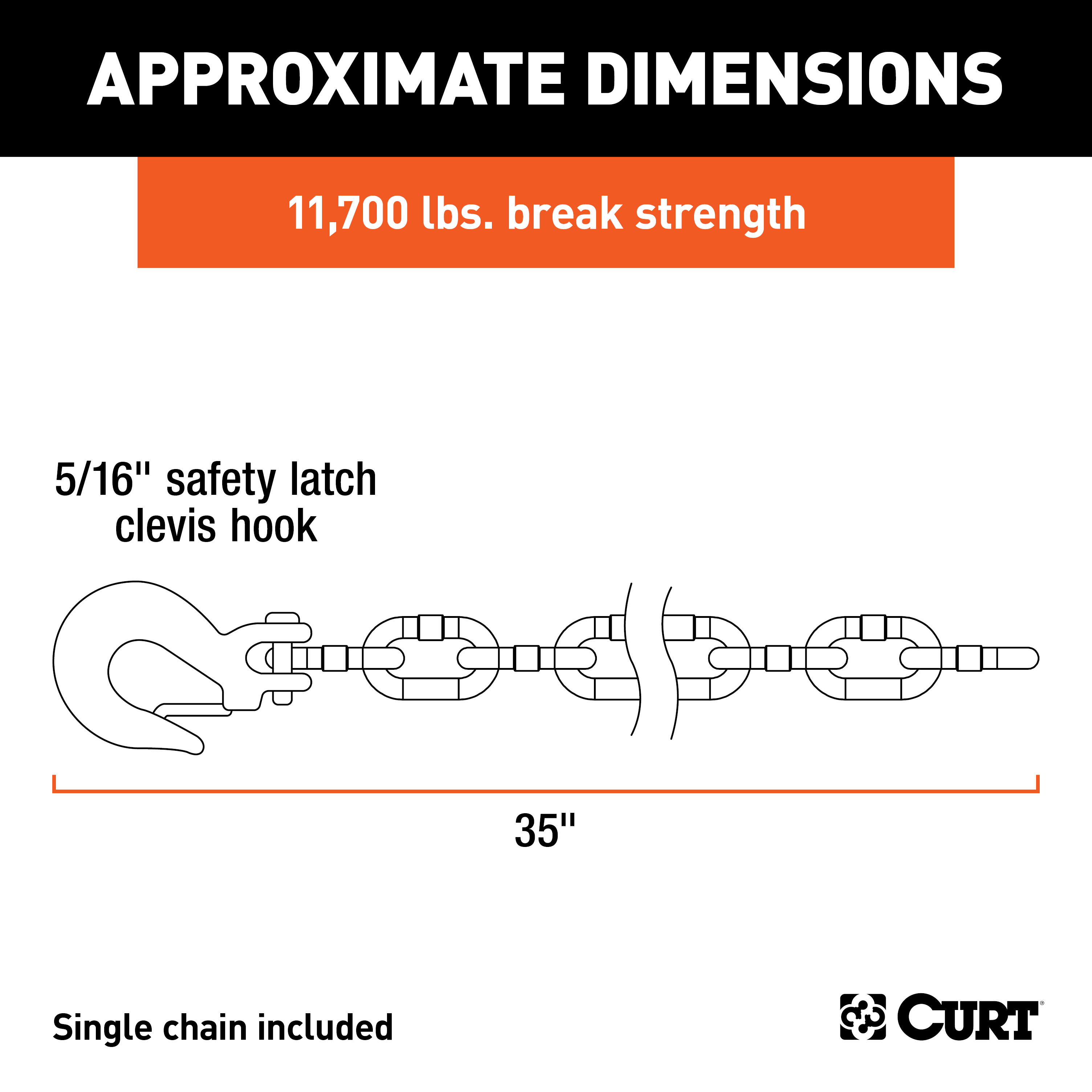 CURT 35" Safety Chain with 1 Clevis Hook (11,700 lbs, Clear Zinc) Trailer Hitch thumbnail 2