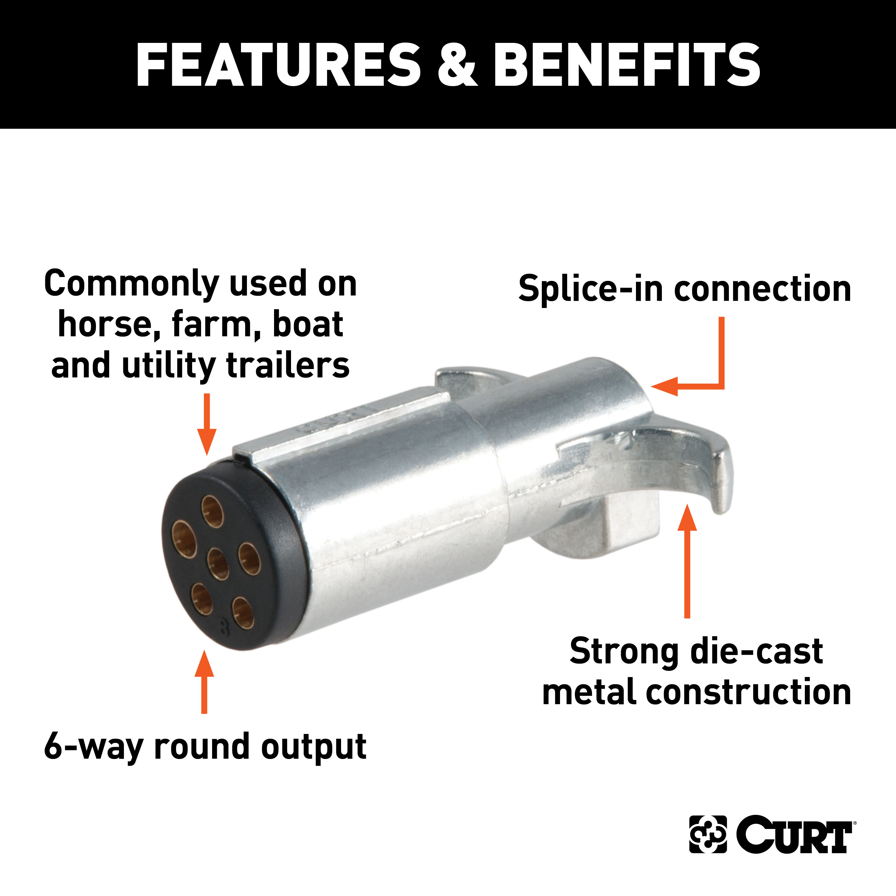 CURT 6-Way Round Connector Plug (Trailer Side, Diecast Metal) Trailer Connector Kit thumbnail 1