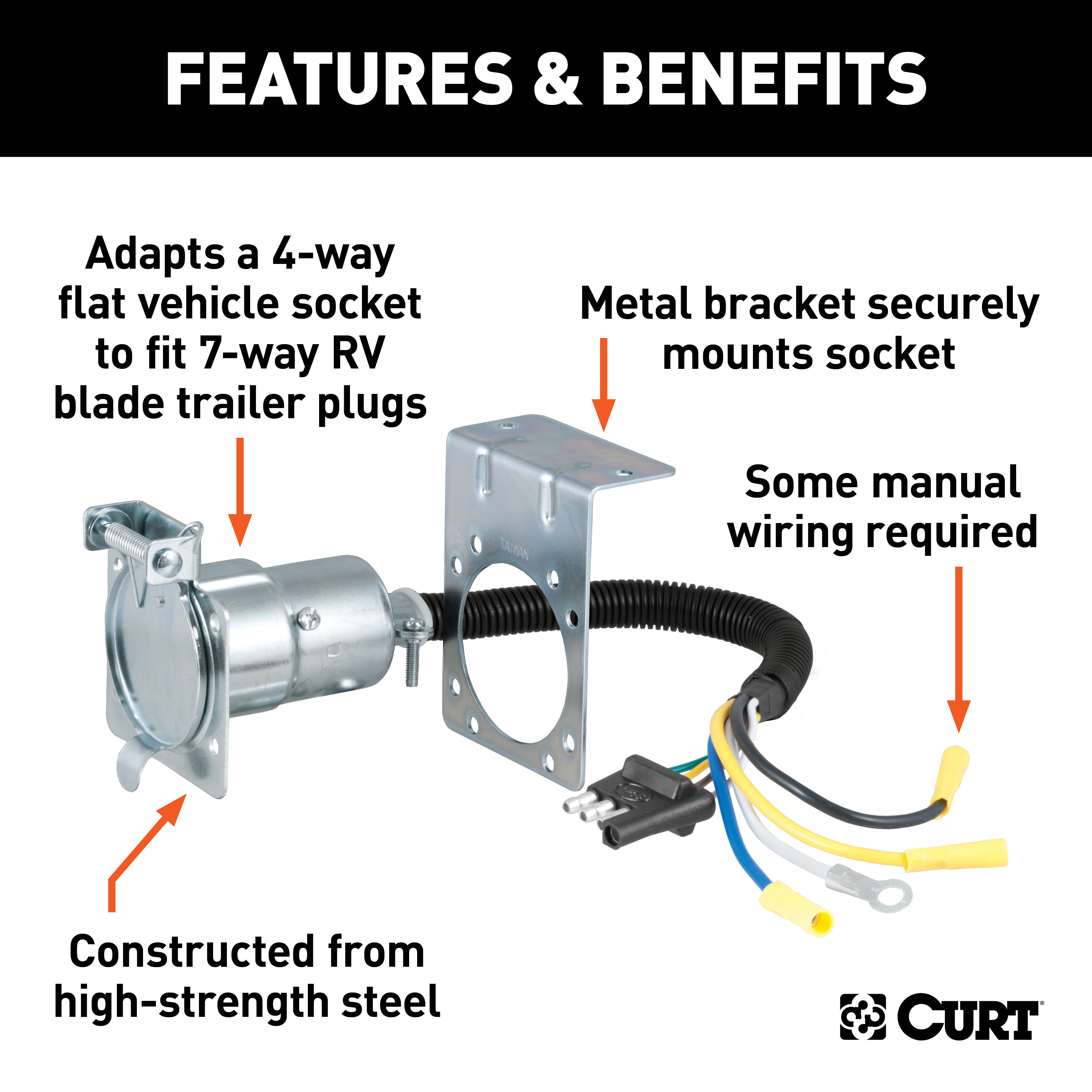 CURT Electrical Adapter with Bracket (4-Way Flat Vehicle to 7-Way RV Blade Trailer) Trailer Wiring Adapter Connector thumbnail 1