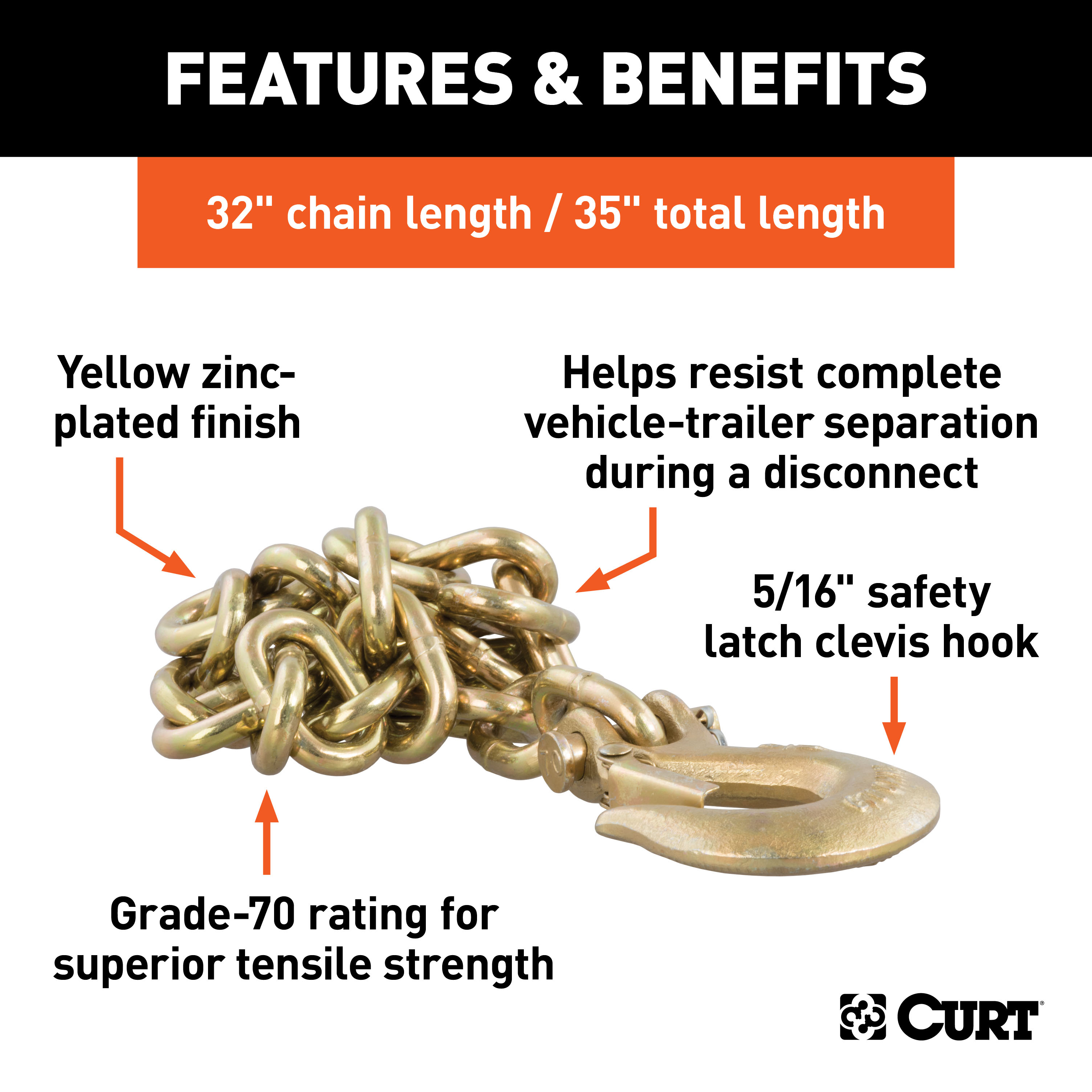 CURT 35" Safety Chain with 1 Clevis Hook (18,800 lbs, Yellow Zinc) Trailer Hitch thumbnail 3