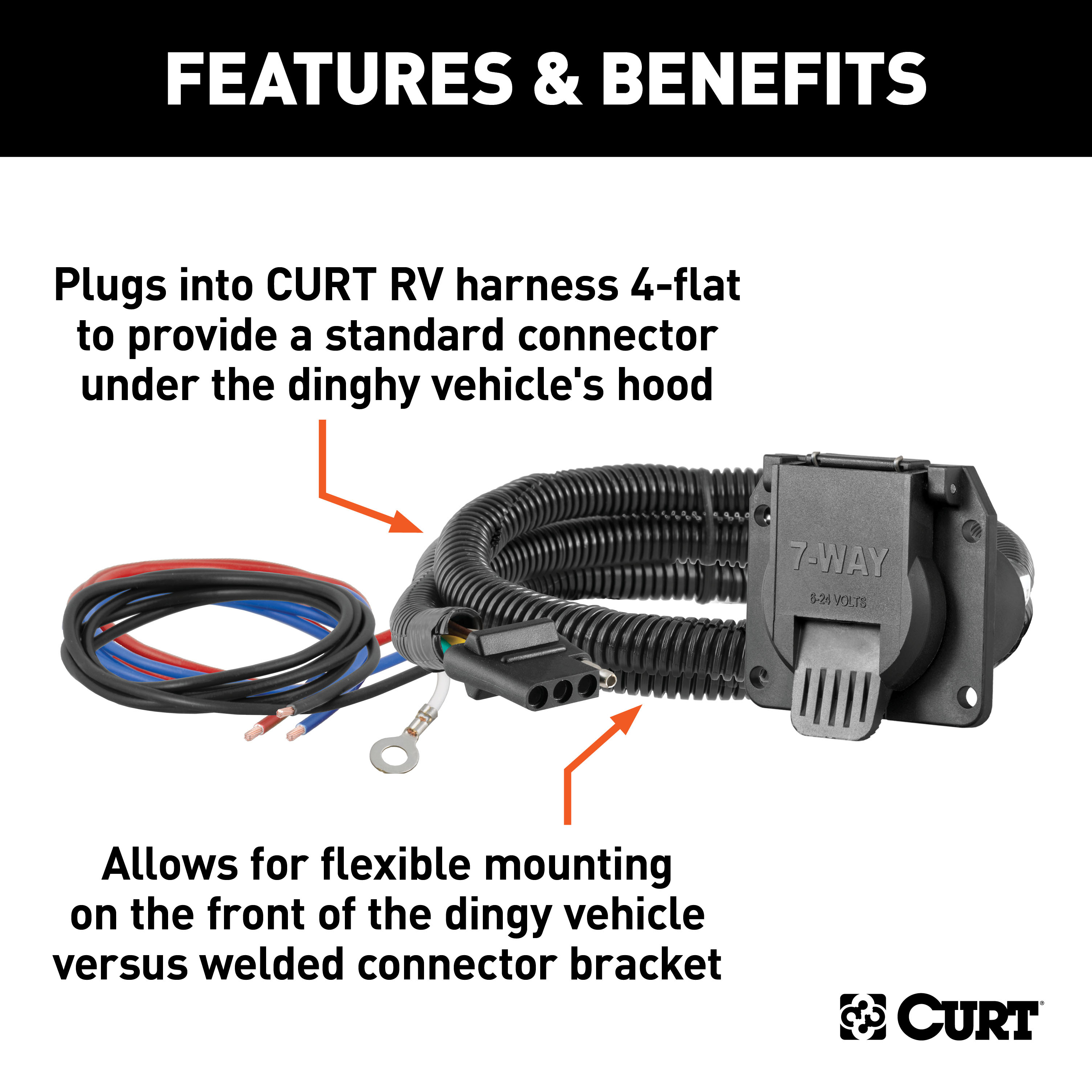 CURT Dinghy Towing Electrical Adapter (4-Way Flat Vehicle to 7-Way RV Blade) Trailer Connector Kit thumbnail 1